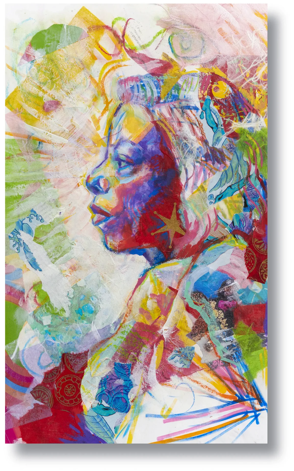 African American side portrait, bright colors, collage