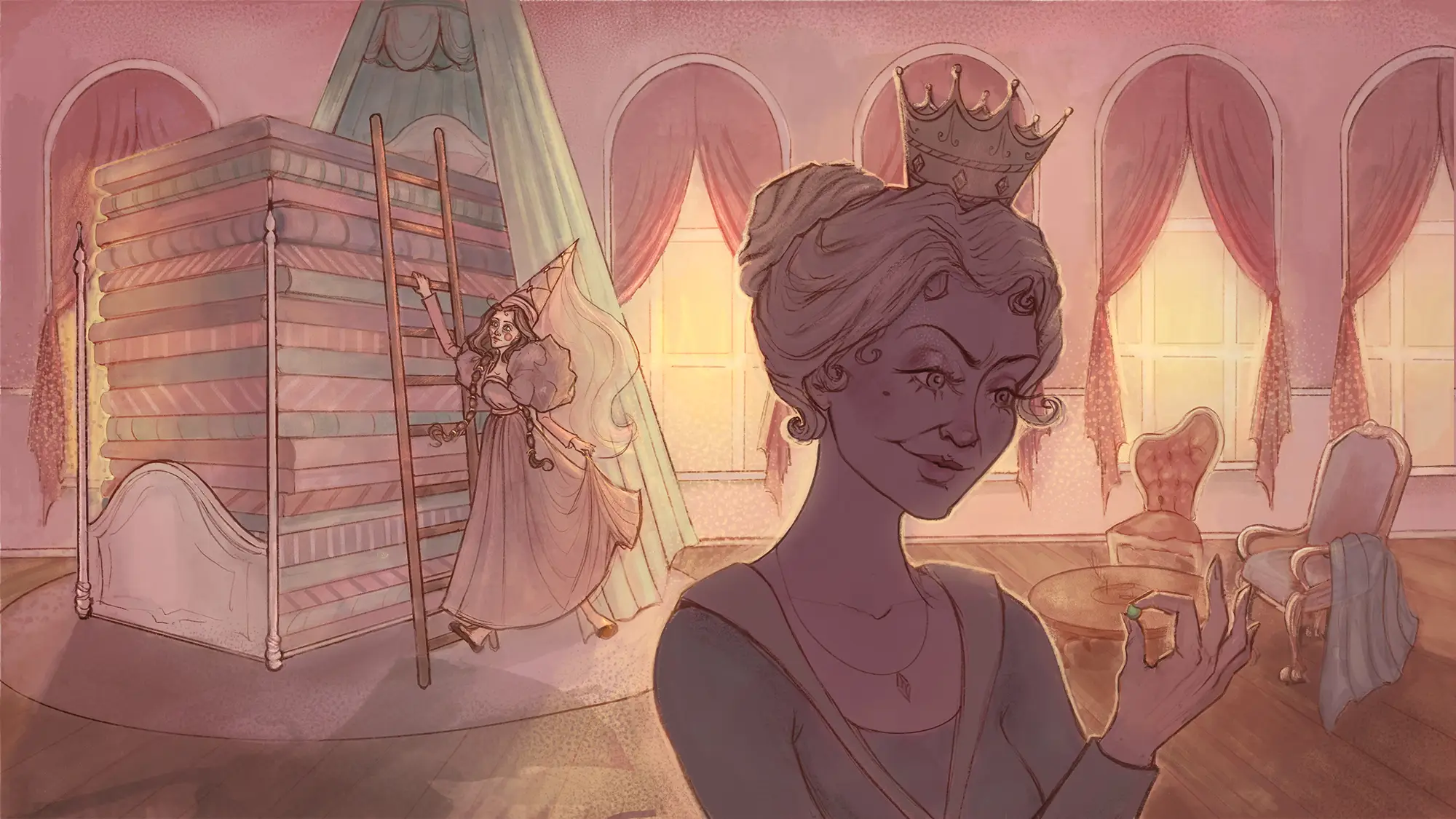 An older woman wearing a crown holds a green pea while a princess climbs a stack of mattresses