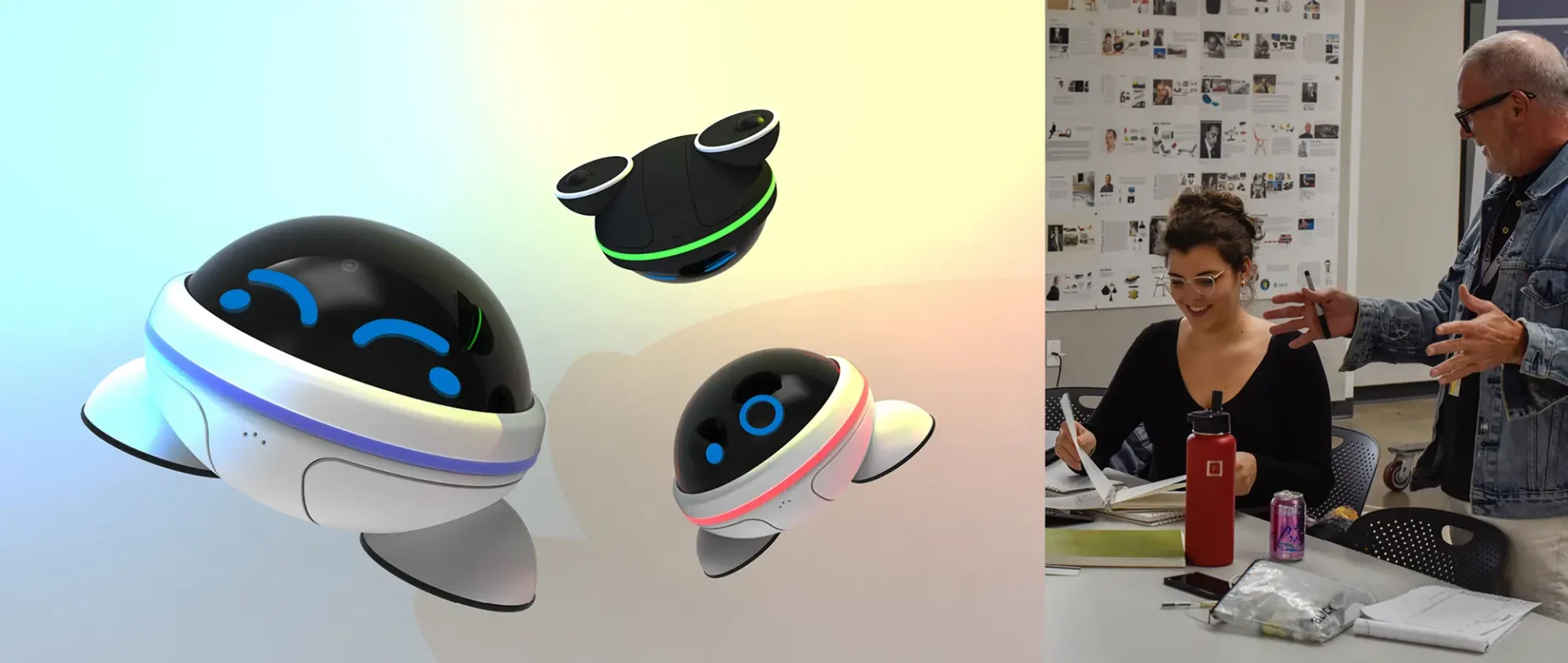 A 2 panel image featuring 3 small pod like robots, and another image of a professor talking to a student in a classroom setting