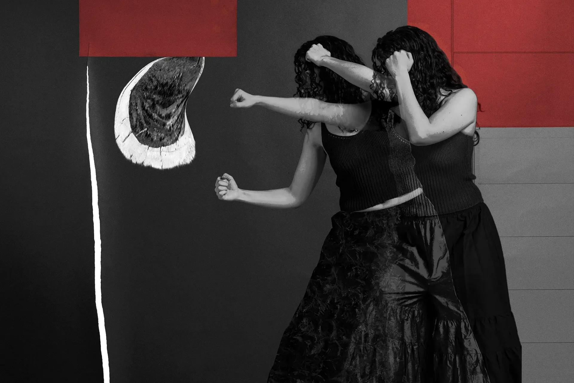 Double image of a young woman throwing a punch in profile.