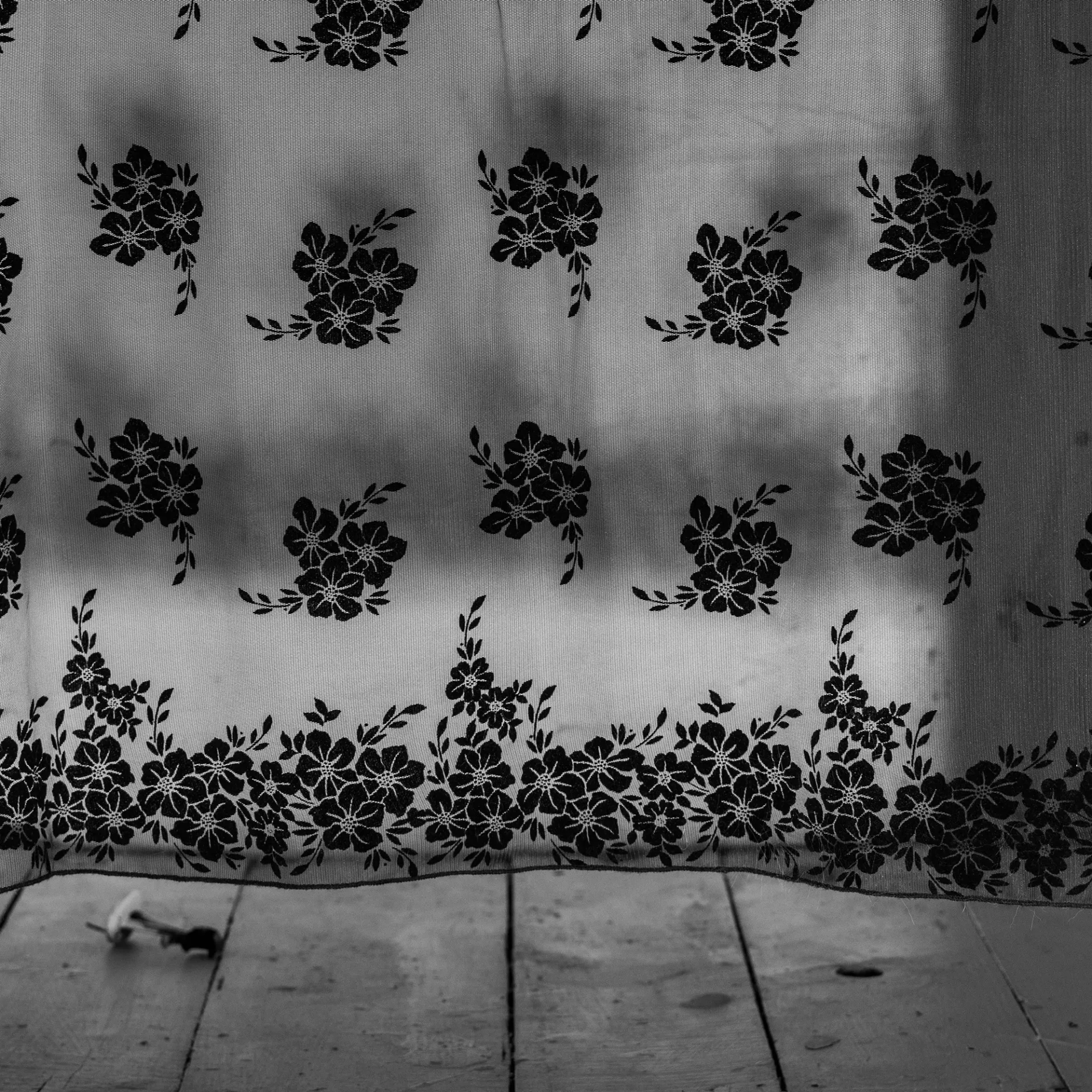 A photo of ambient light through a sheer floral curtain hovering above a wood floor.
