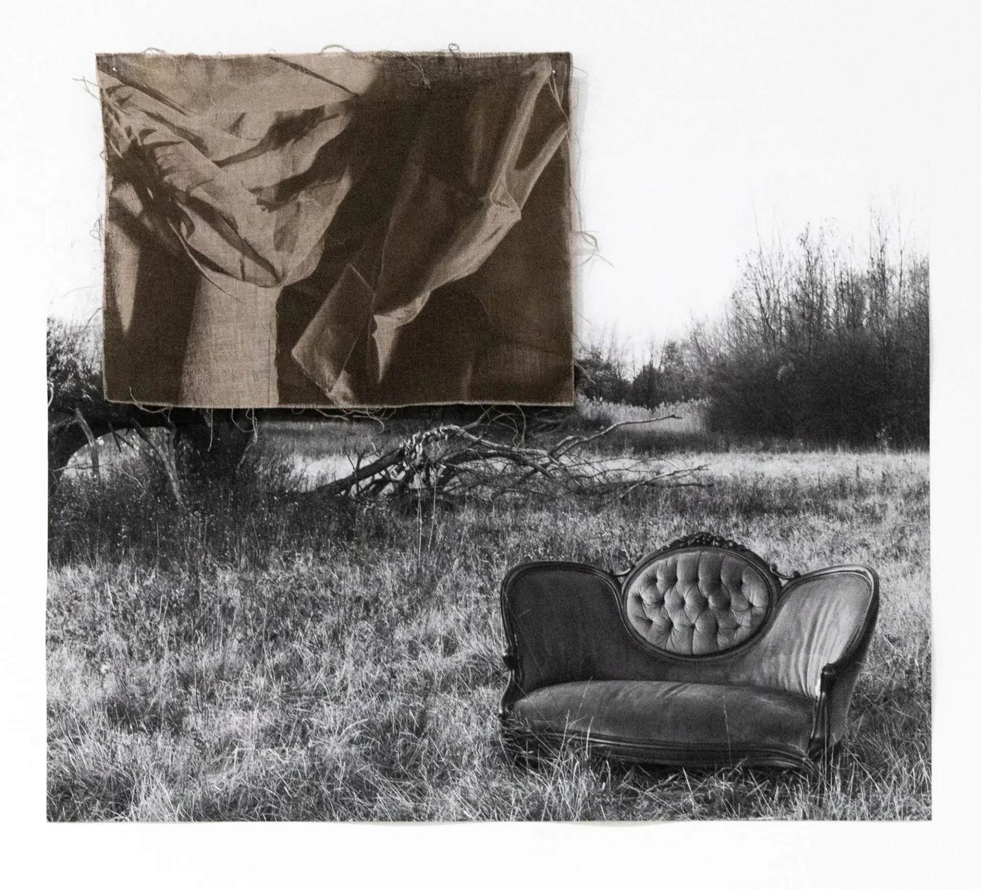 Small cyanotype of fabric on fabric pinned to an inkjet print of a sette in a field.