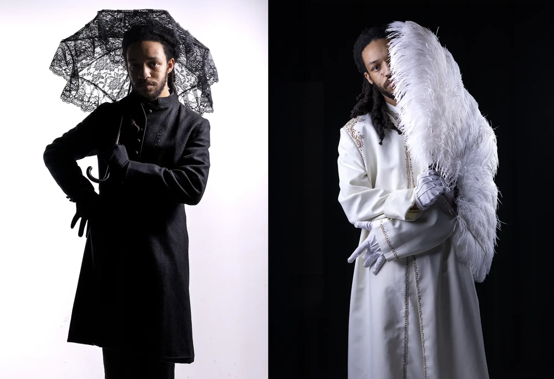 Diptych of the a man dressed in black and white and outfits.