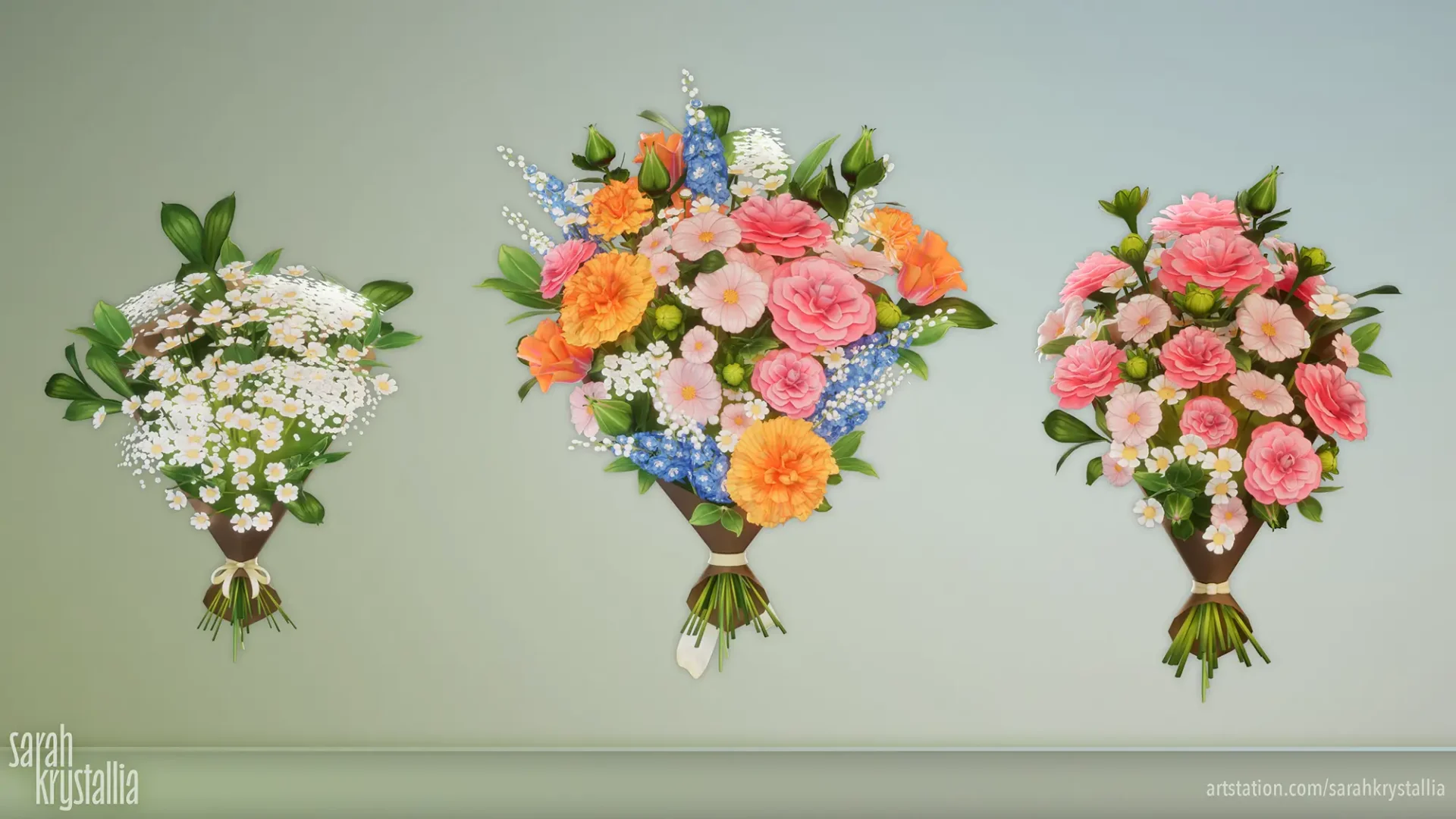 Set of 3 flower Bouquets 3D Modeled.