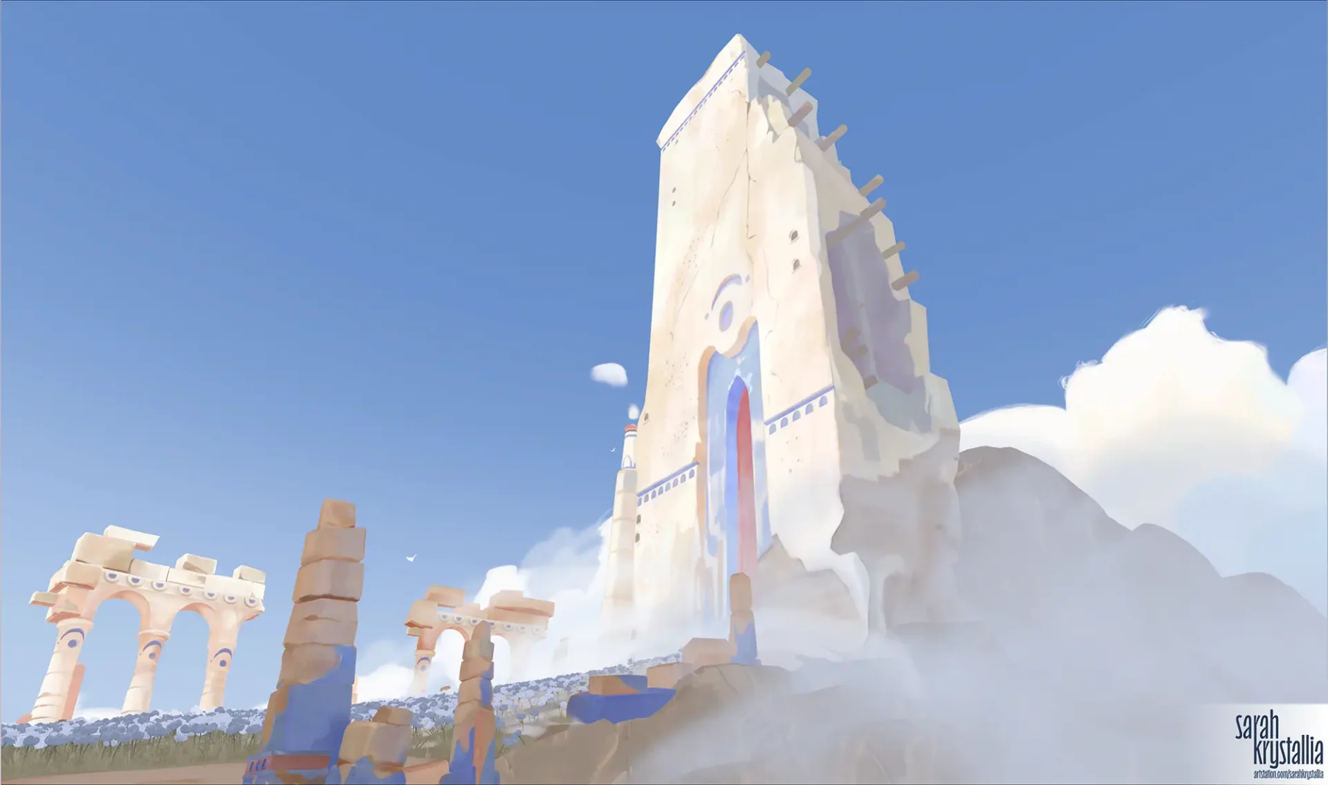 Ruined tower with stylized textures similar to watercolor.