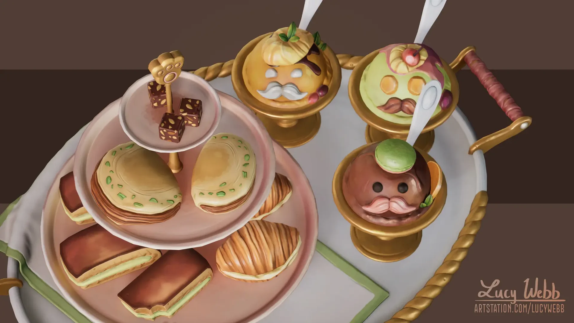 Stylized Foods with Faces on brown background