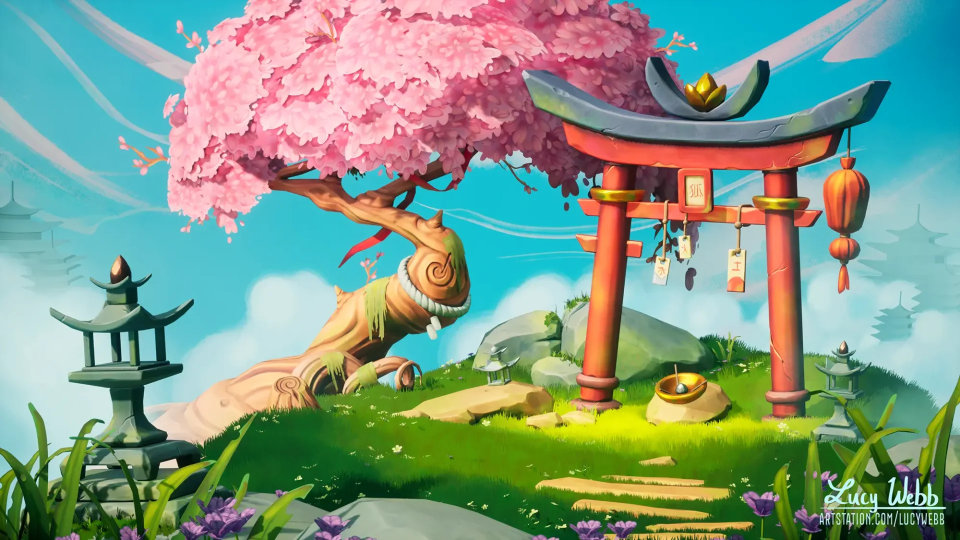 Red Gateway with pink tree and green grass