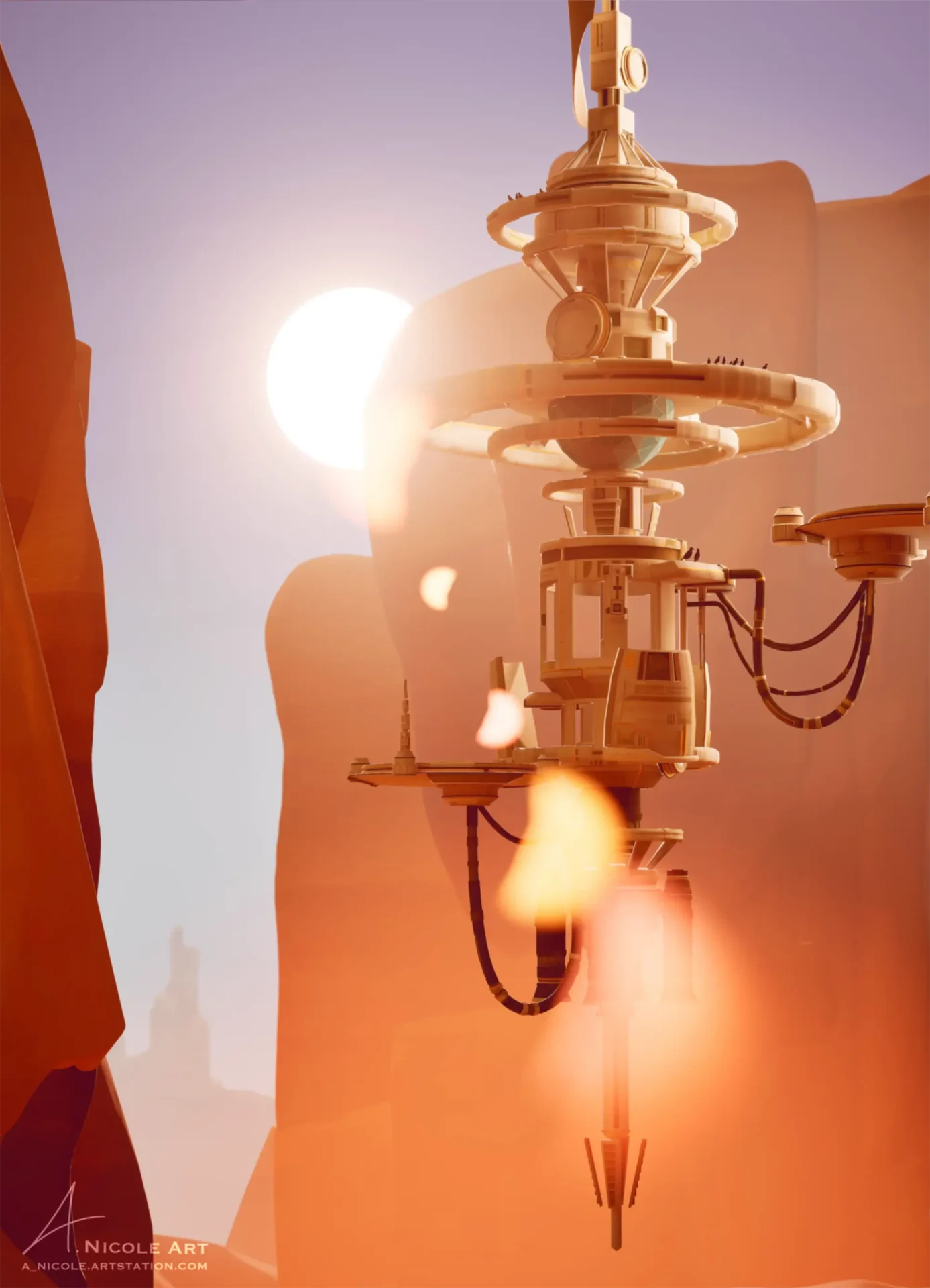 Space station 3D model in a desert with a bright sun behind it.