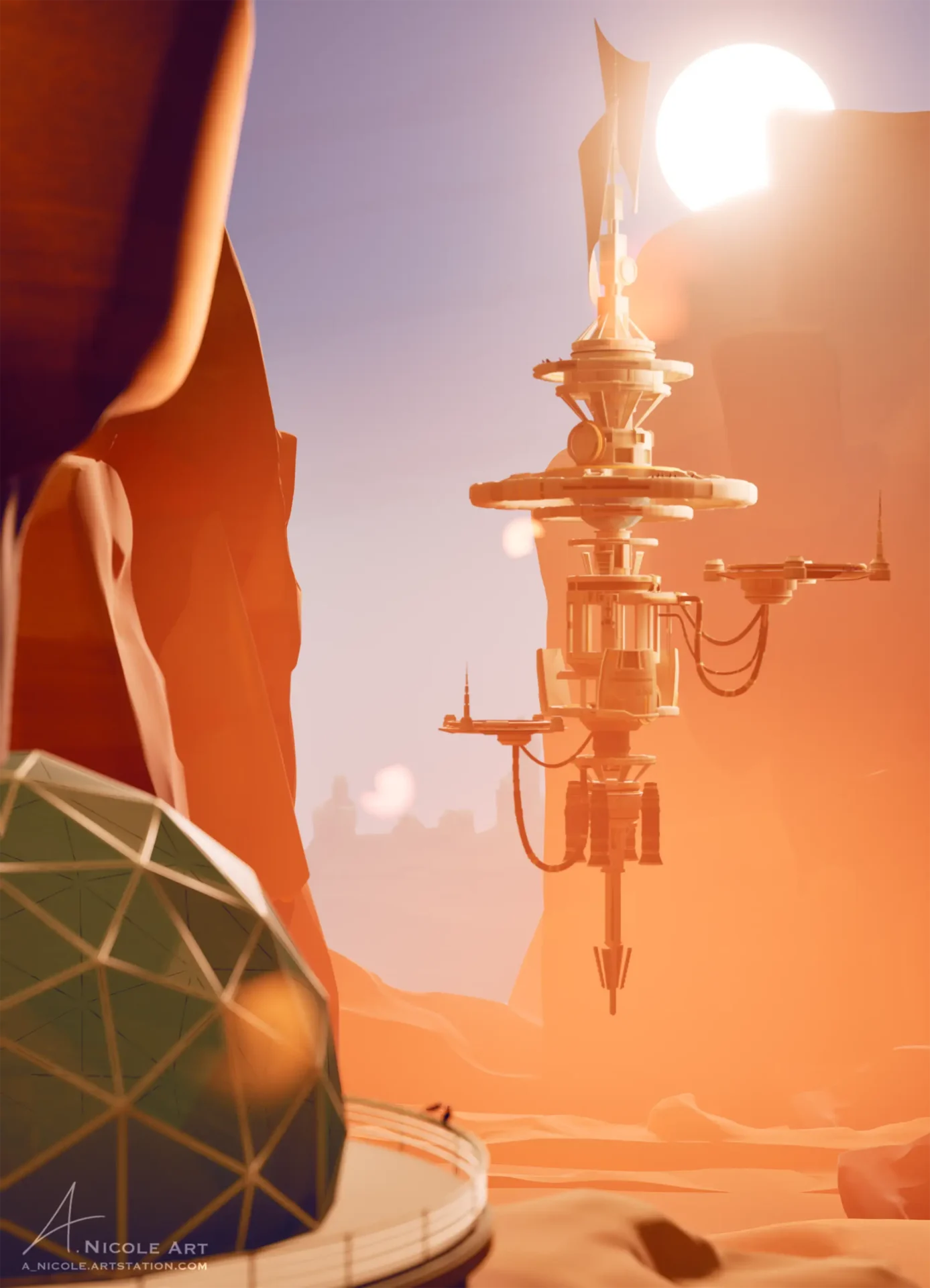Space station 3D model in a desert with a bright sun behind it.