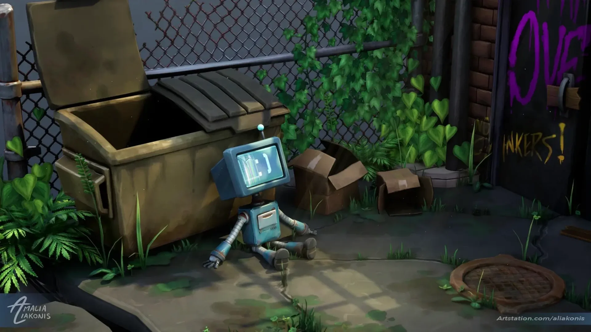 3D Render of a small robot with tv head sitting by a dumpster