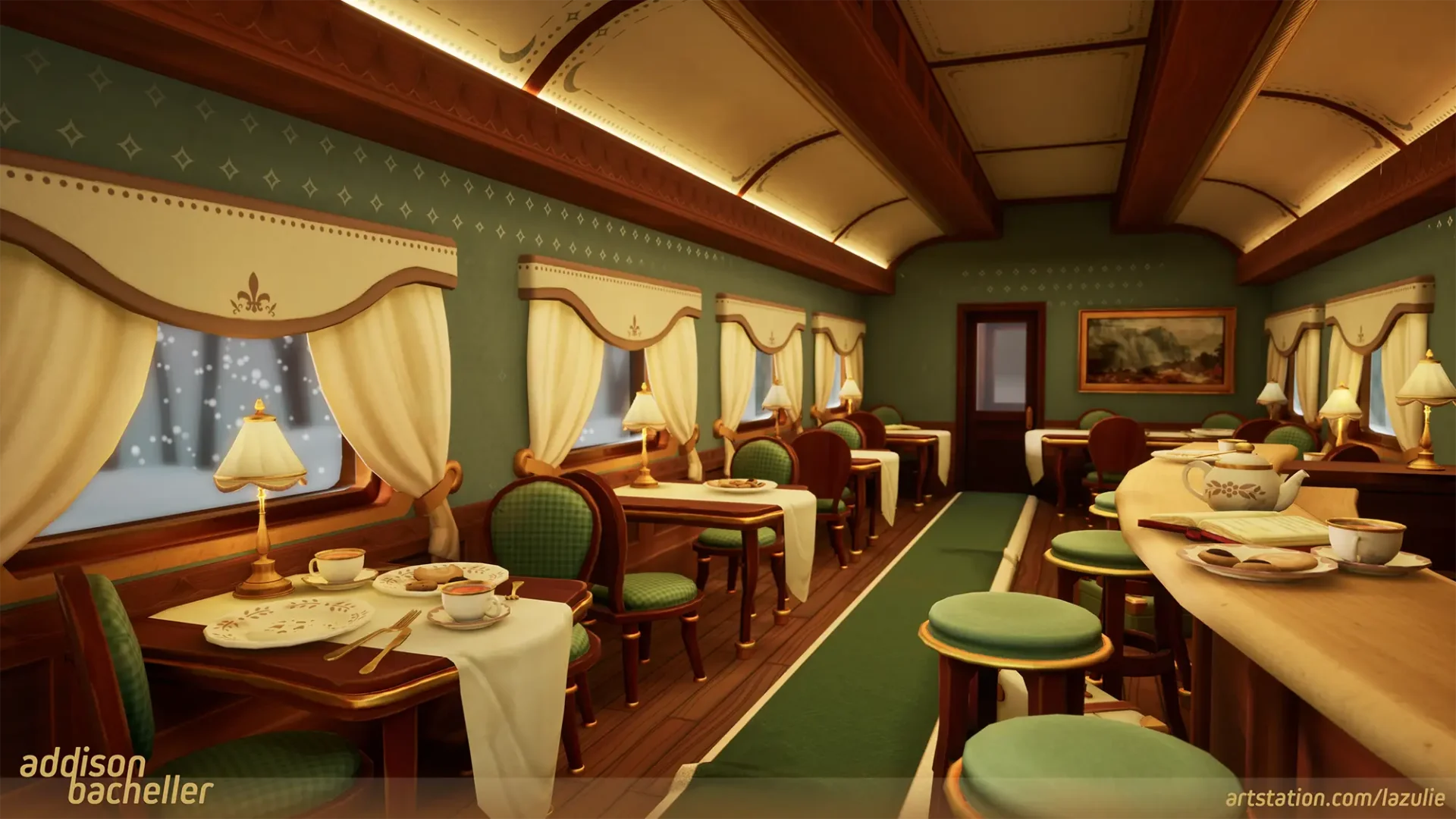 Interior of a train car with a tables and chairs for dining. Green and brown colors.