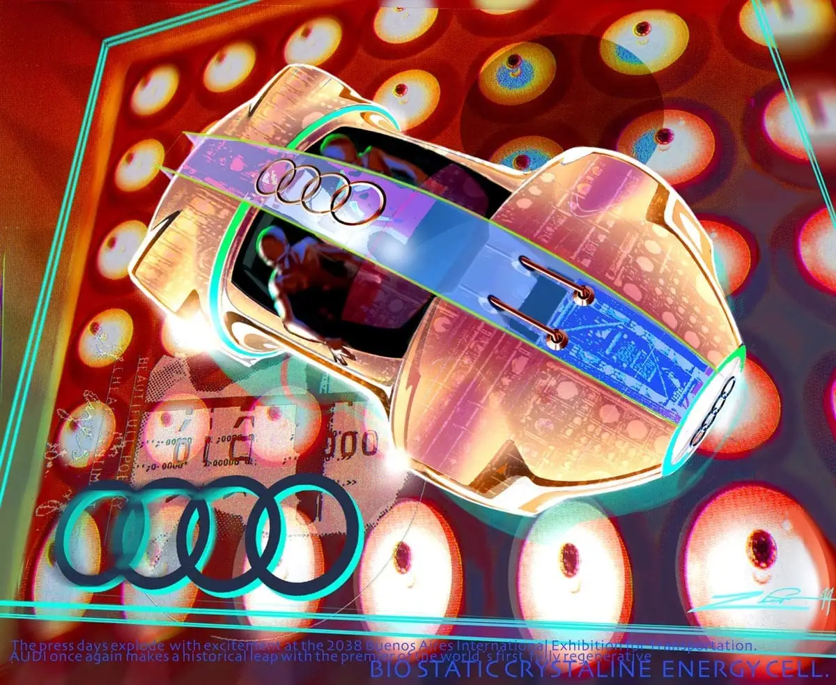 A futuristic Audi that appears to be glowing labeled Bio Static Crystaline Energy Cell.