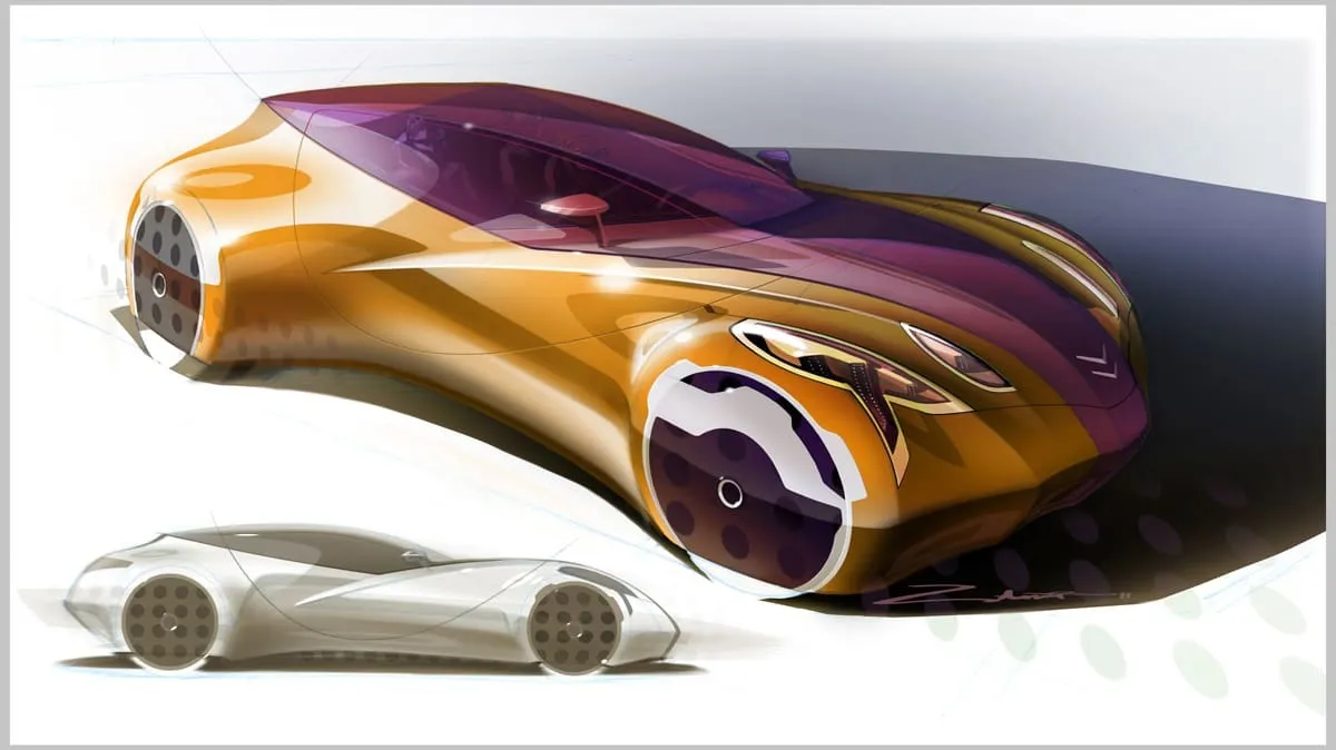 An orange and purple sports car rendering.