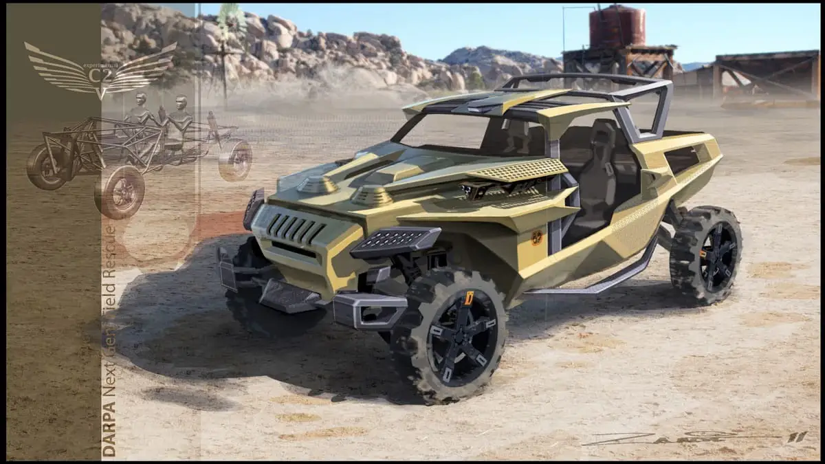 A green utility vehicle labeled DARPA Next Gen Field Rescue.