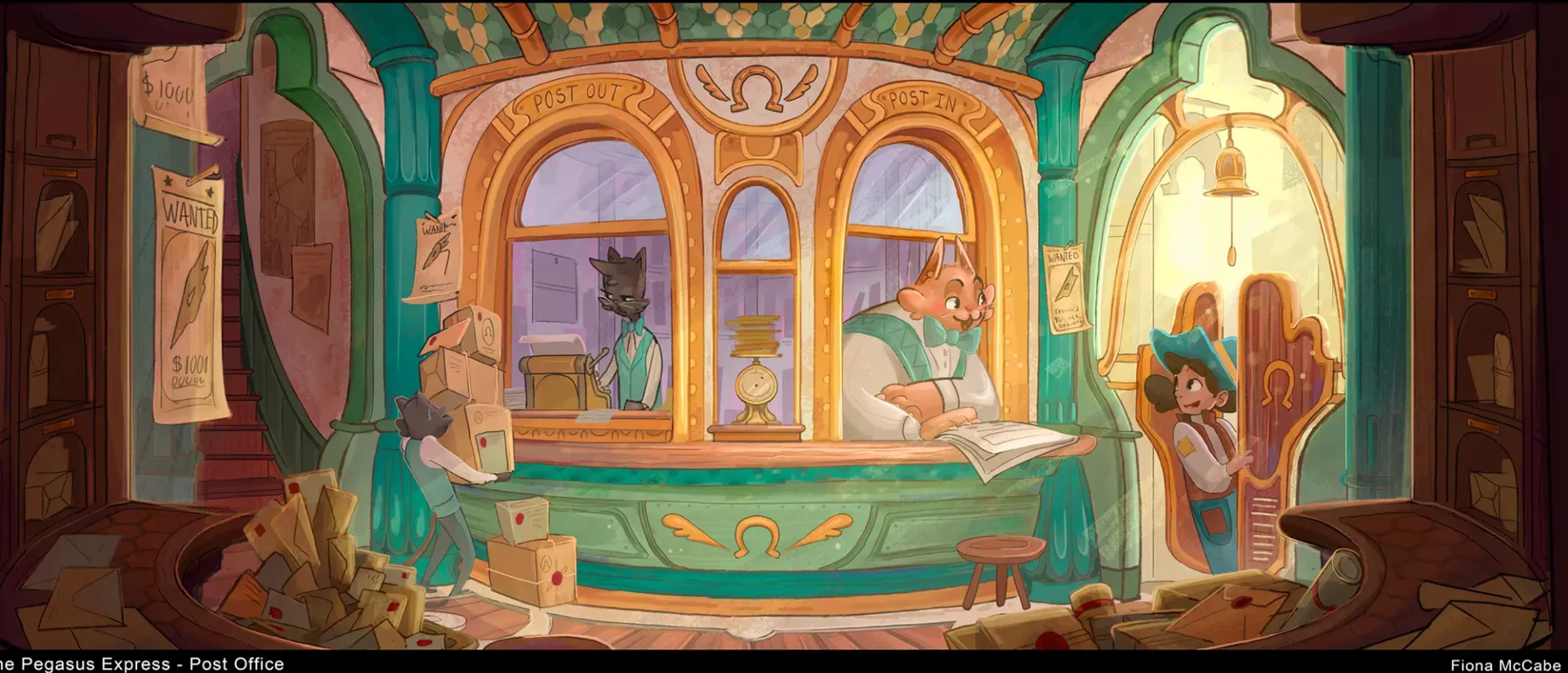 Inside of a fantasy post office with cat people working at the windows.