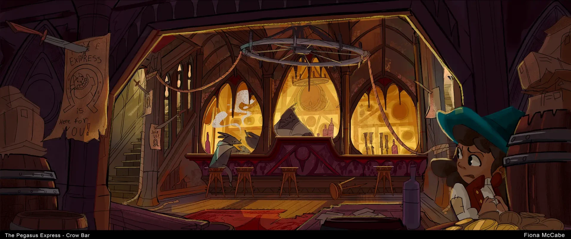 Inside of a fantasy bar with bird people at the counter.