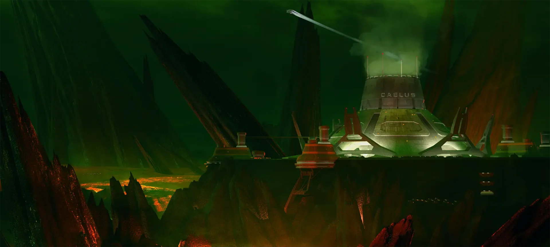 City on a lava planet with a ship taking off.