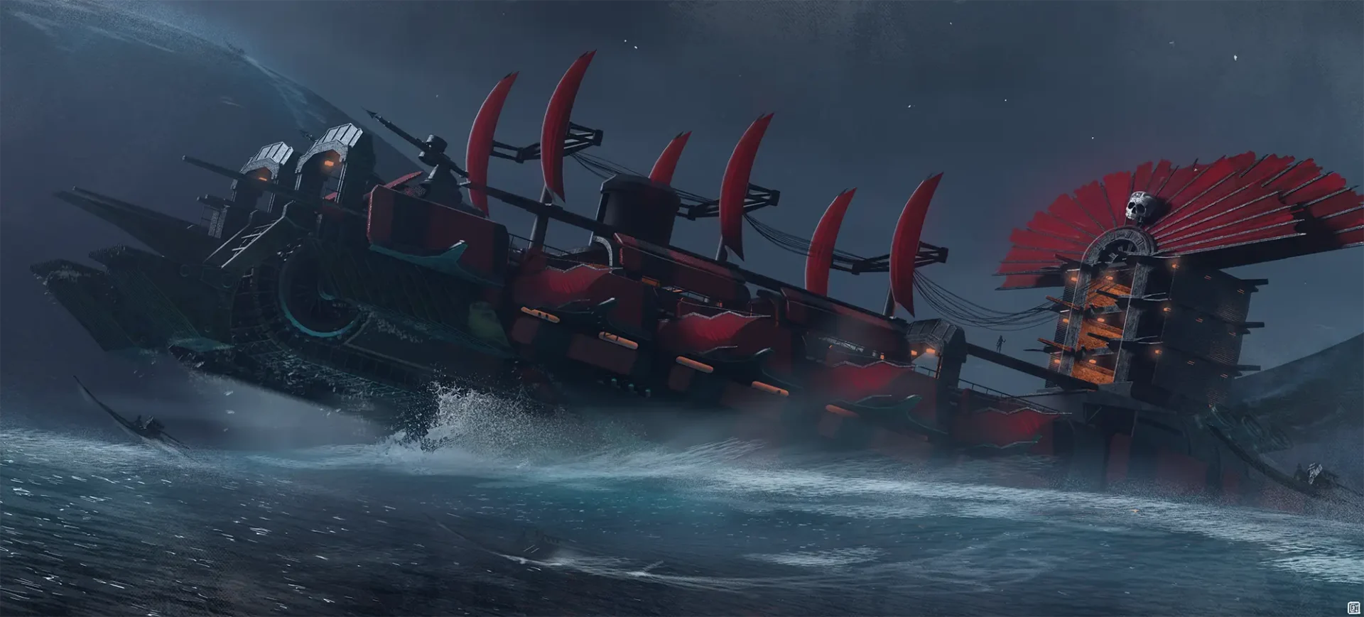 A large red ship on a turbulent ocean.