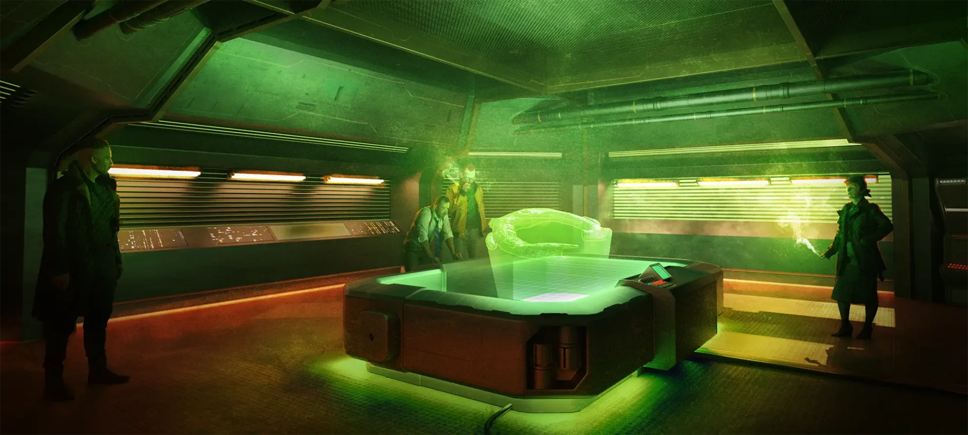 People standing around a futuristic conference table with a hologram.