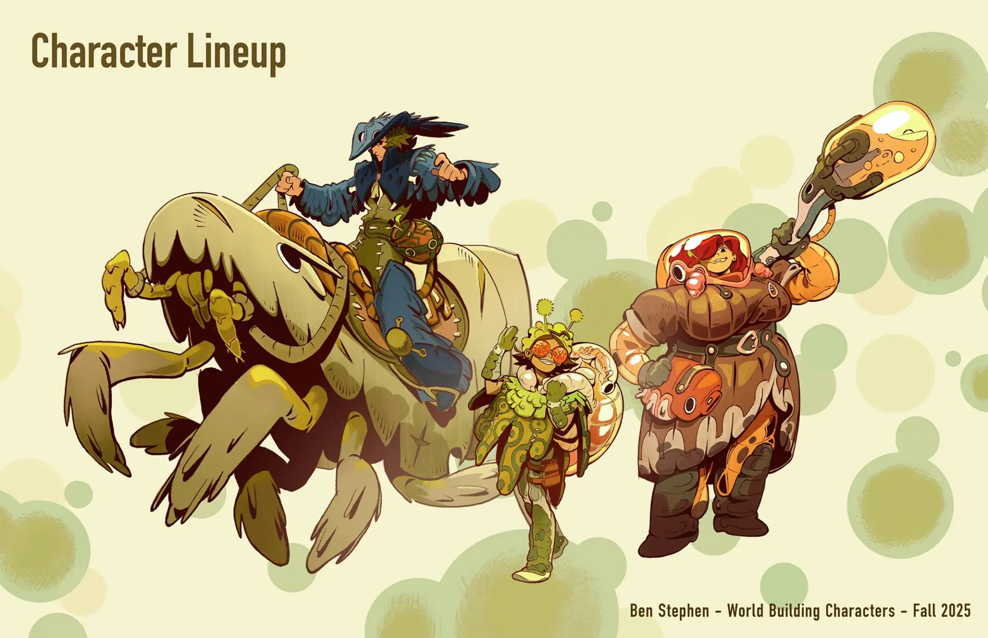 Character lineup of 3 people. One on a bug style horse. all are costumed in fantasy future costumes.