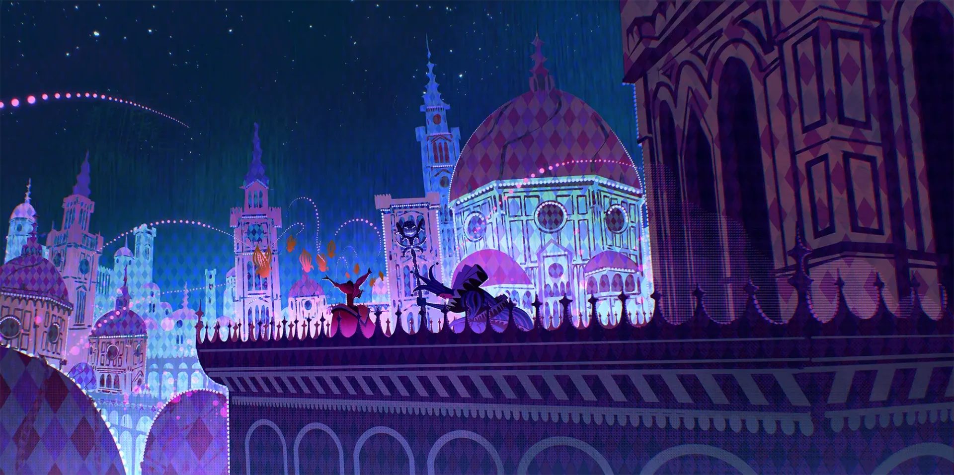 Fantasy image of two people on a terrace looking out over a brightly colored city with fireworks.