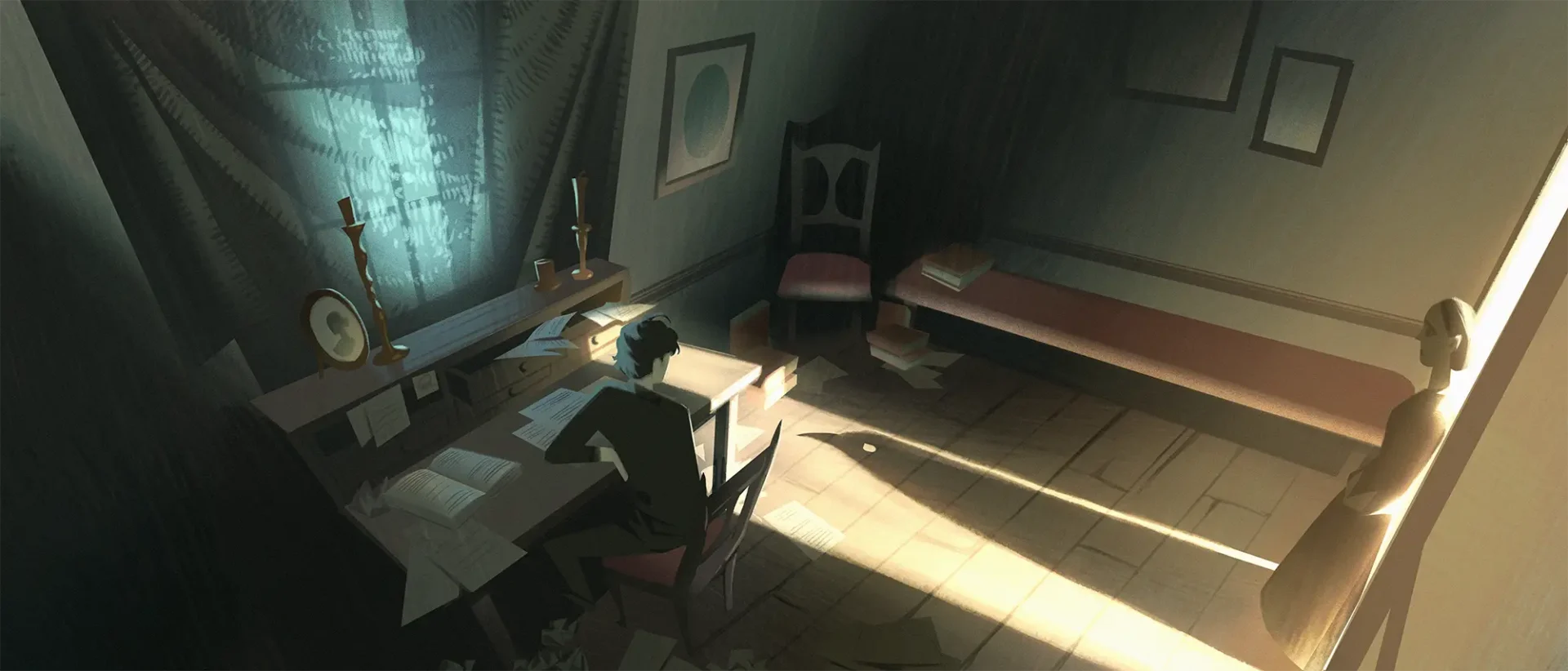 Man at a desk with a woman entering and the woman's shadow is that of a bird.