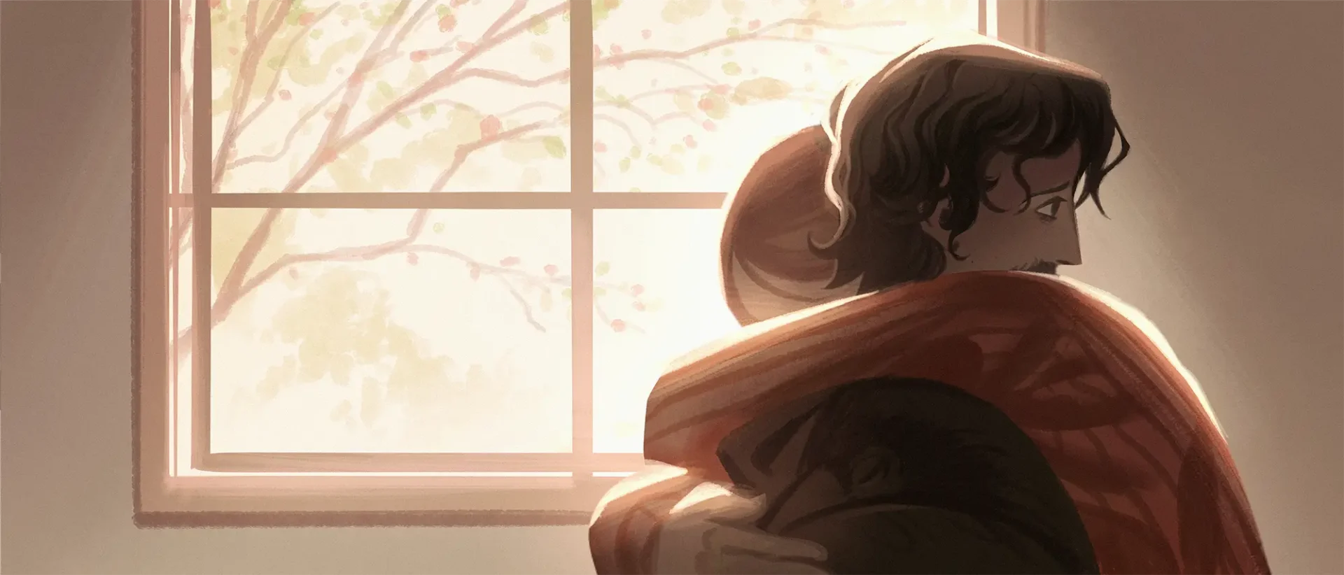 Two people hugging in front of a bright window.