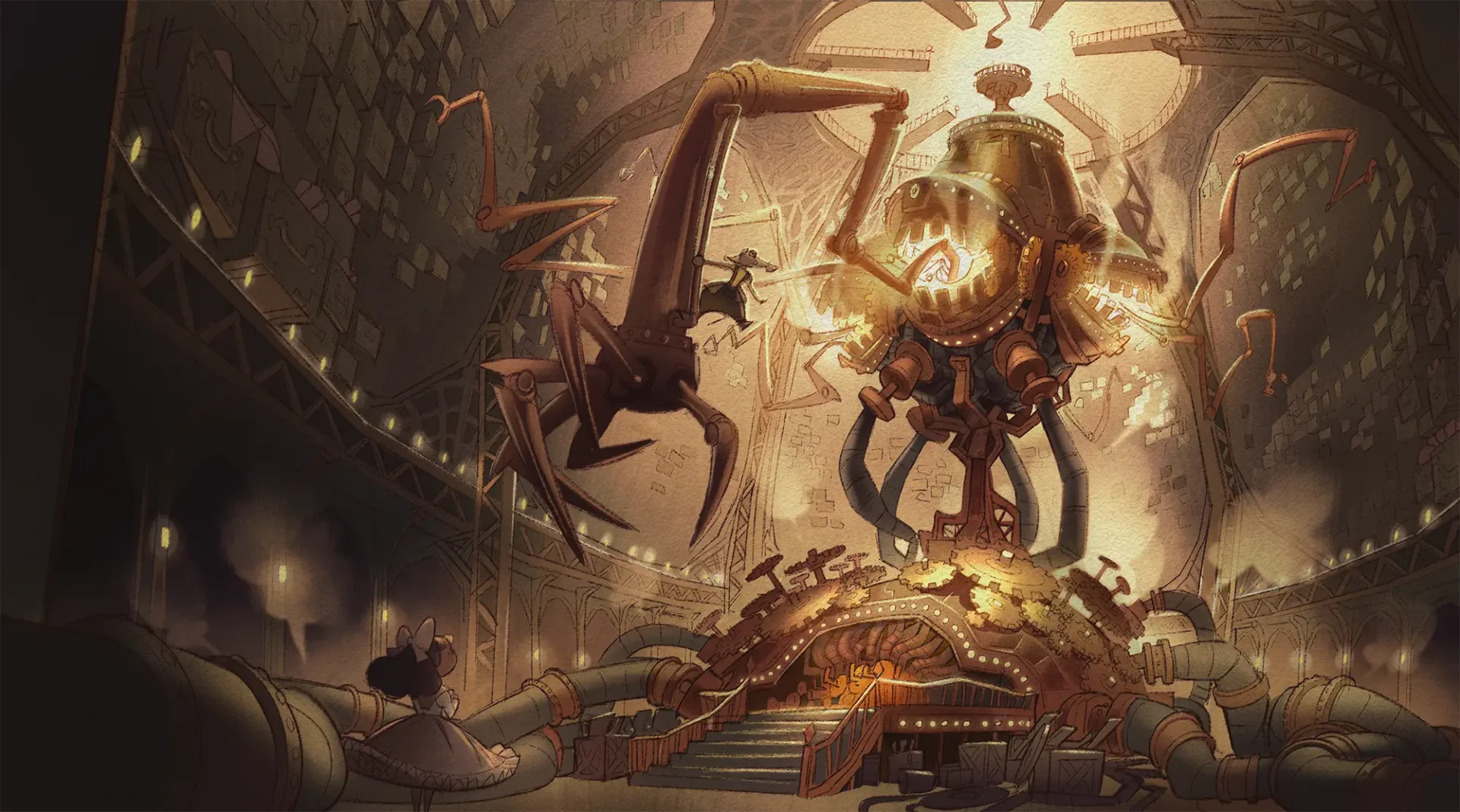 Sepia tone image of a machine with large claw arms active and reaching for a little girl.