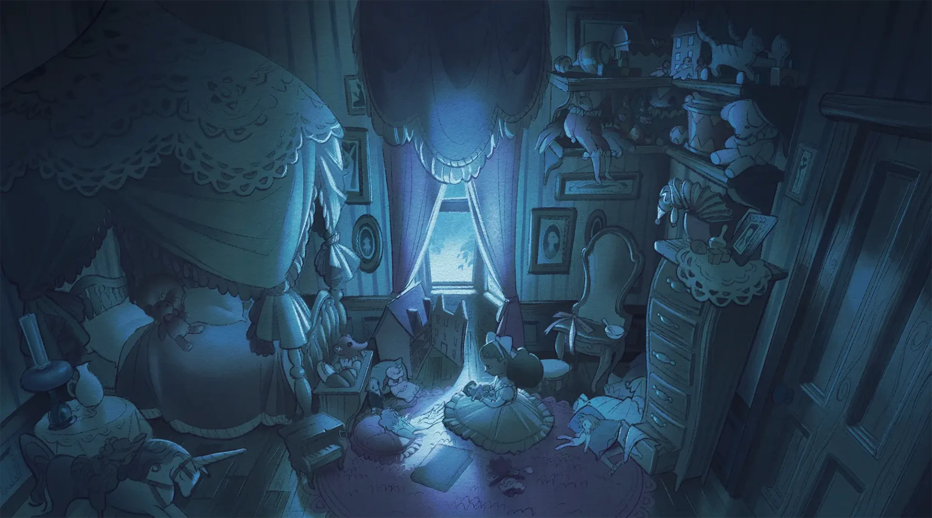 Blue image of a little girl playing in a gothic style bedroom.