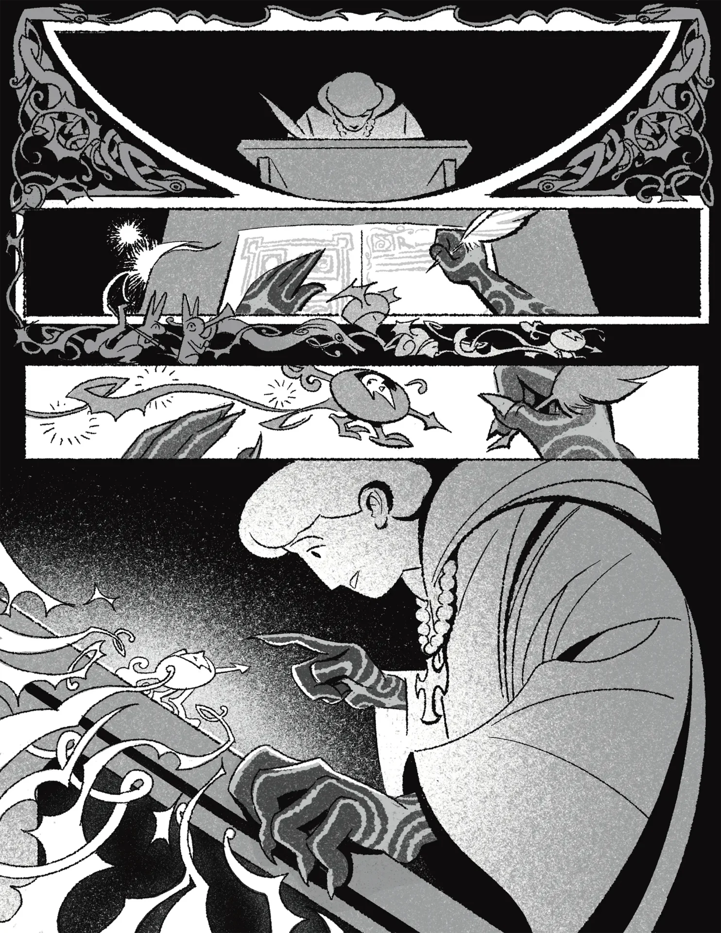 Black and White Graphic Novel page with a person working at a writing table.
