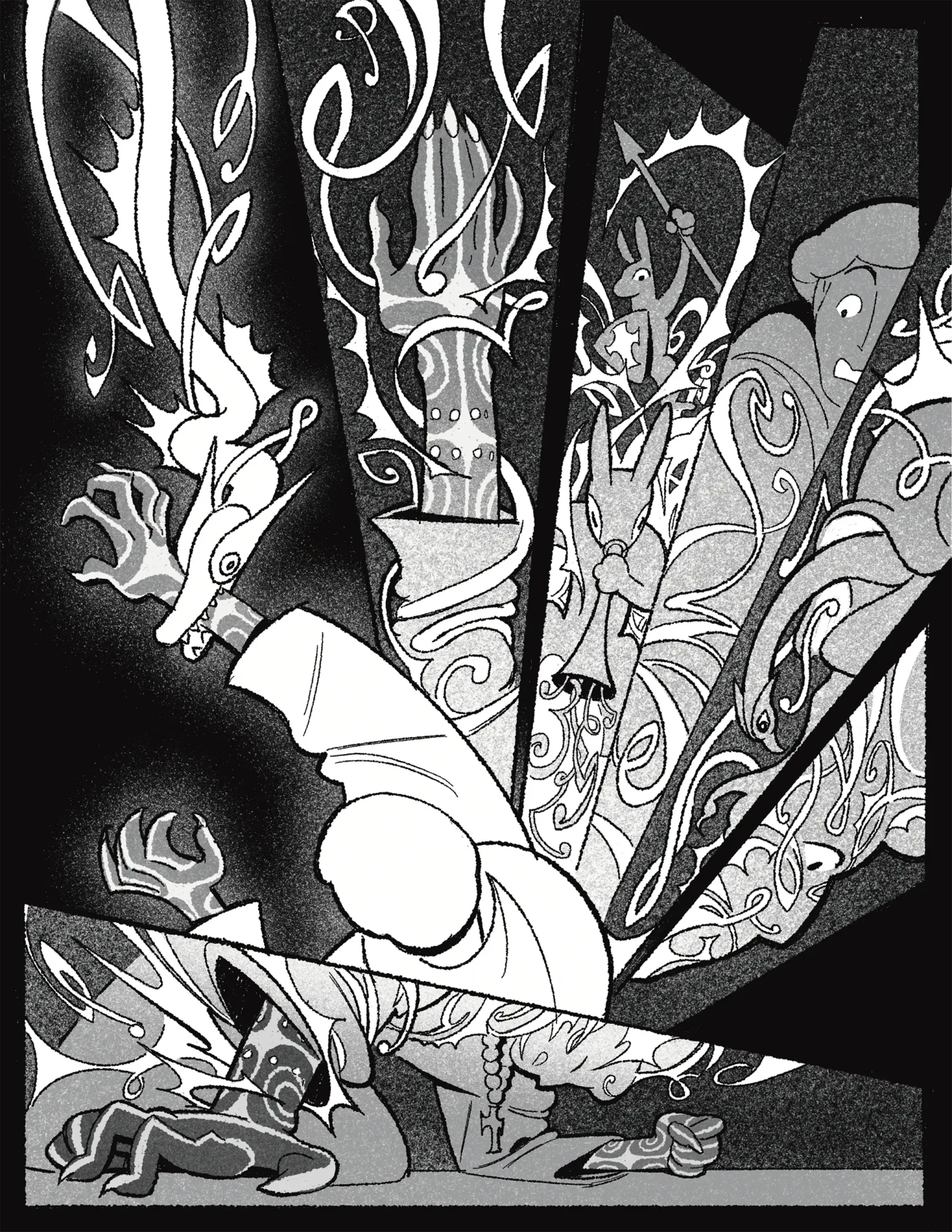 Black and White Graphic Novel page with action images of a person transforming.