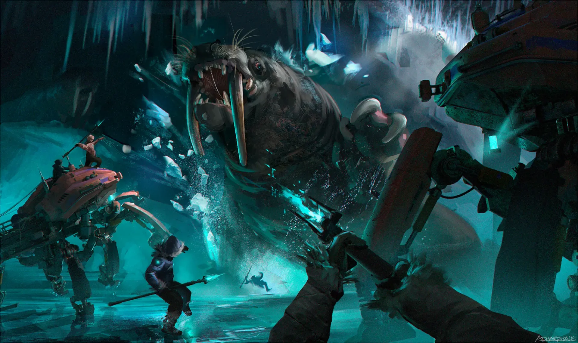 Giant walrus breaking through an ice wall with people getting ready to fight the walrus.