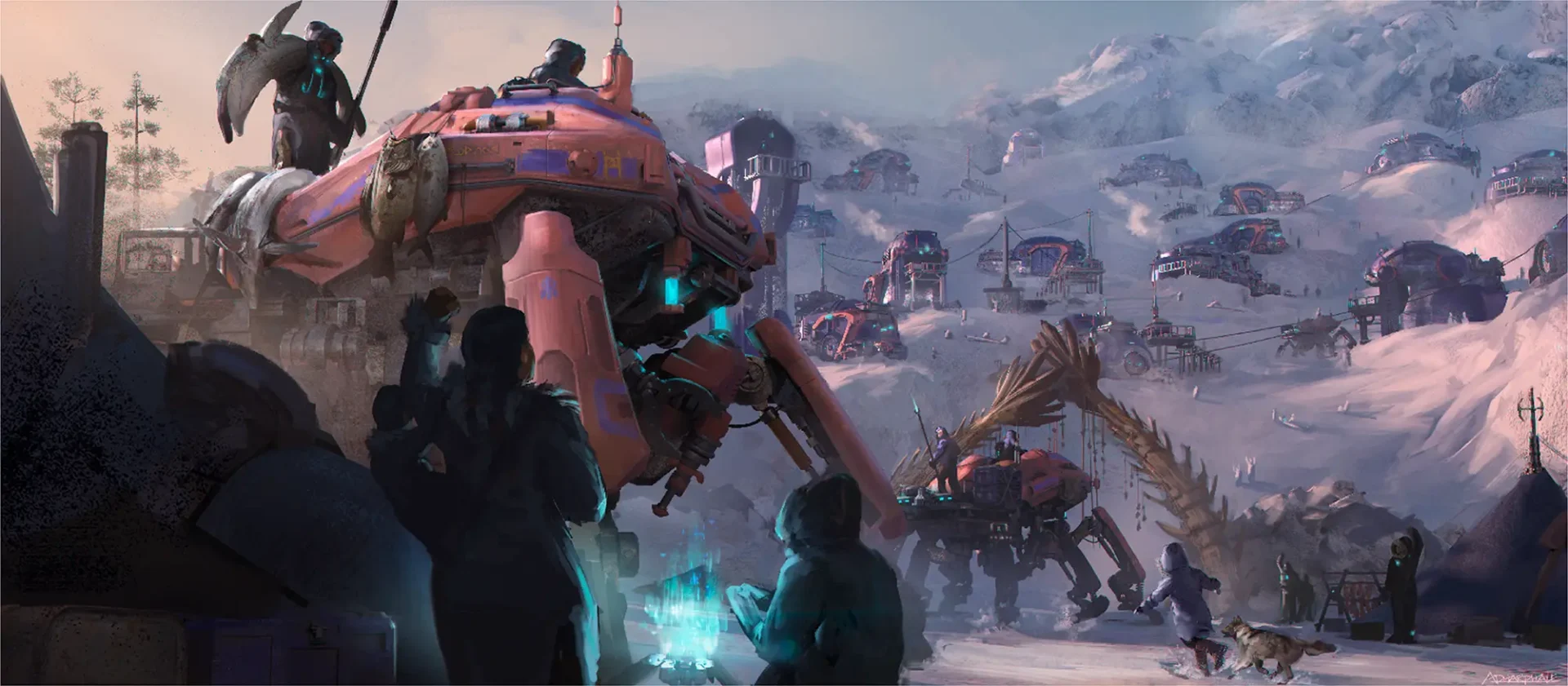 People in an icy tundra with futuristic crab vehicles and equipment