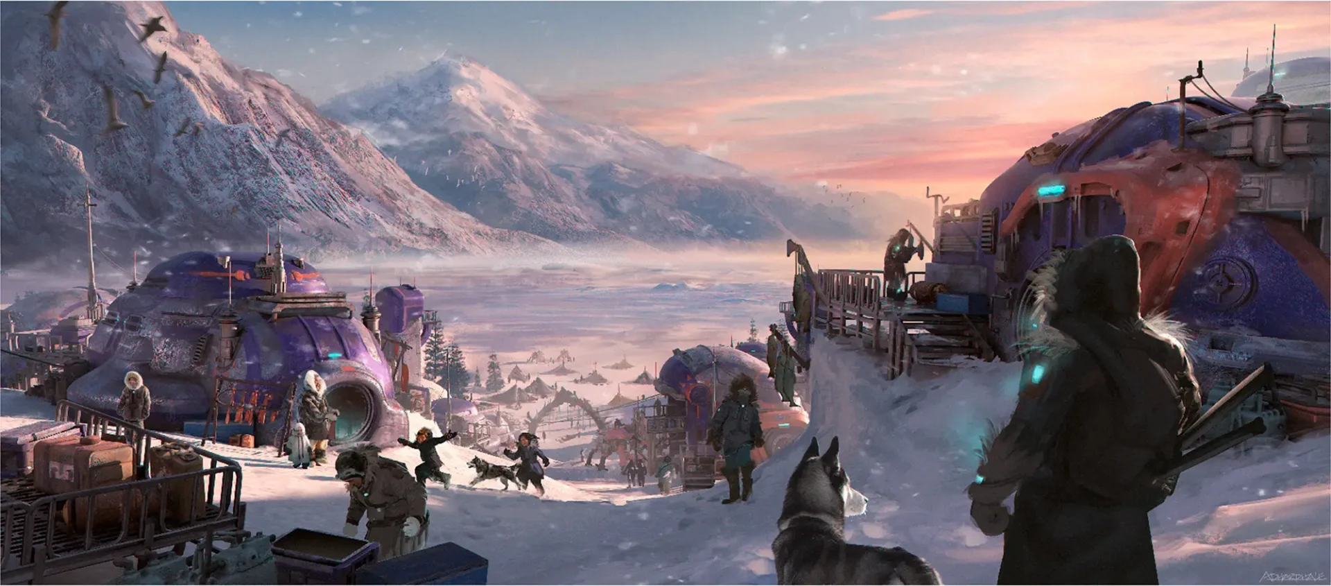 People in an icy tundra with futuristic igloos and equipment