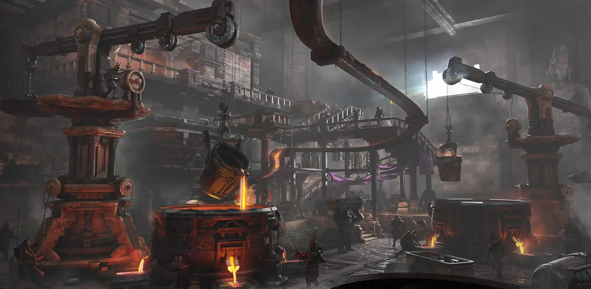 Metal foundry in a cave. Fantasy elements.