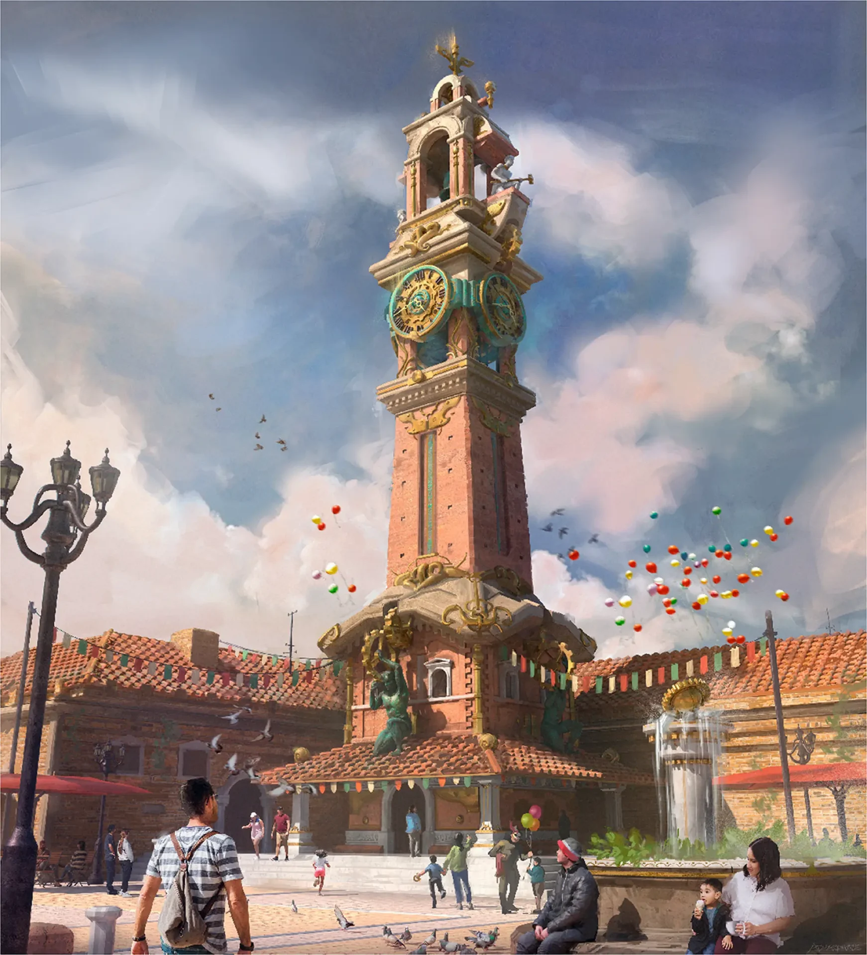 Clocktower in a theme park with balloons floating away