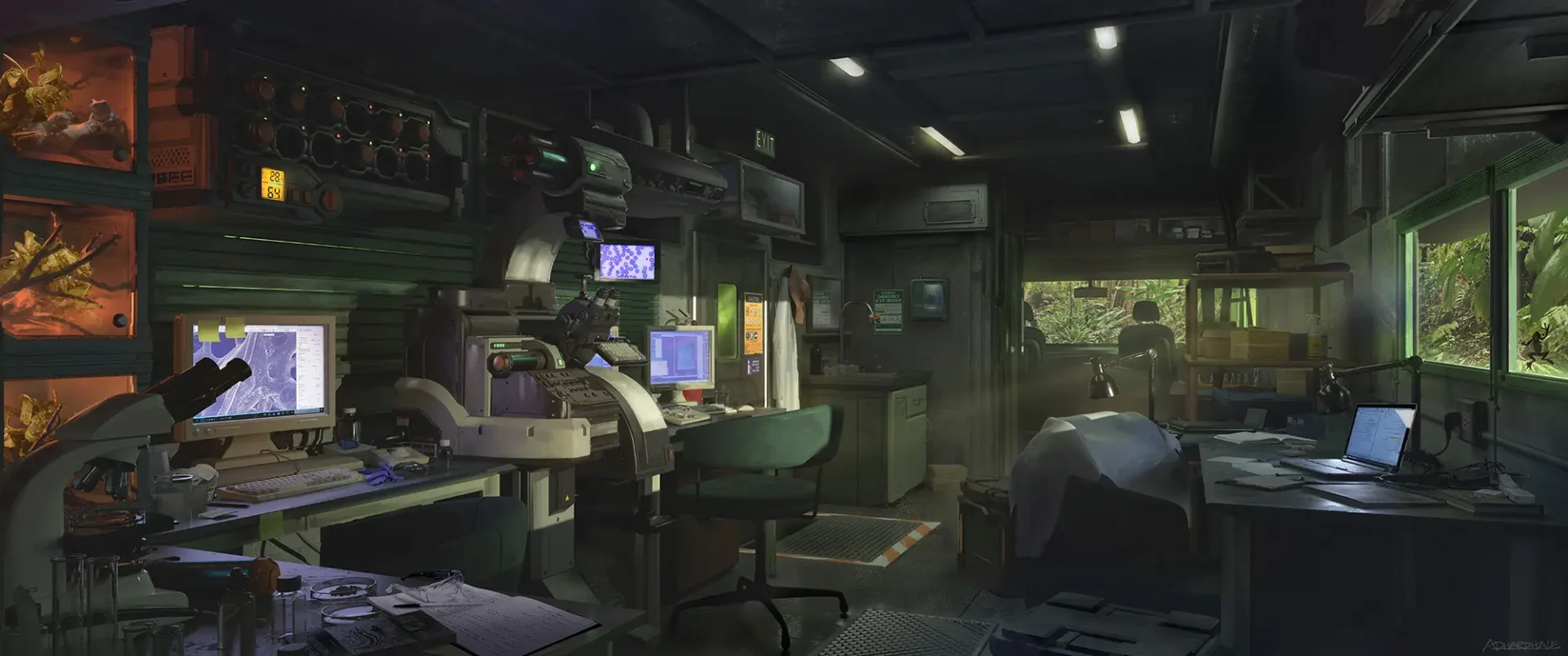 Inside of a mobile science lab. Science equipment.