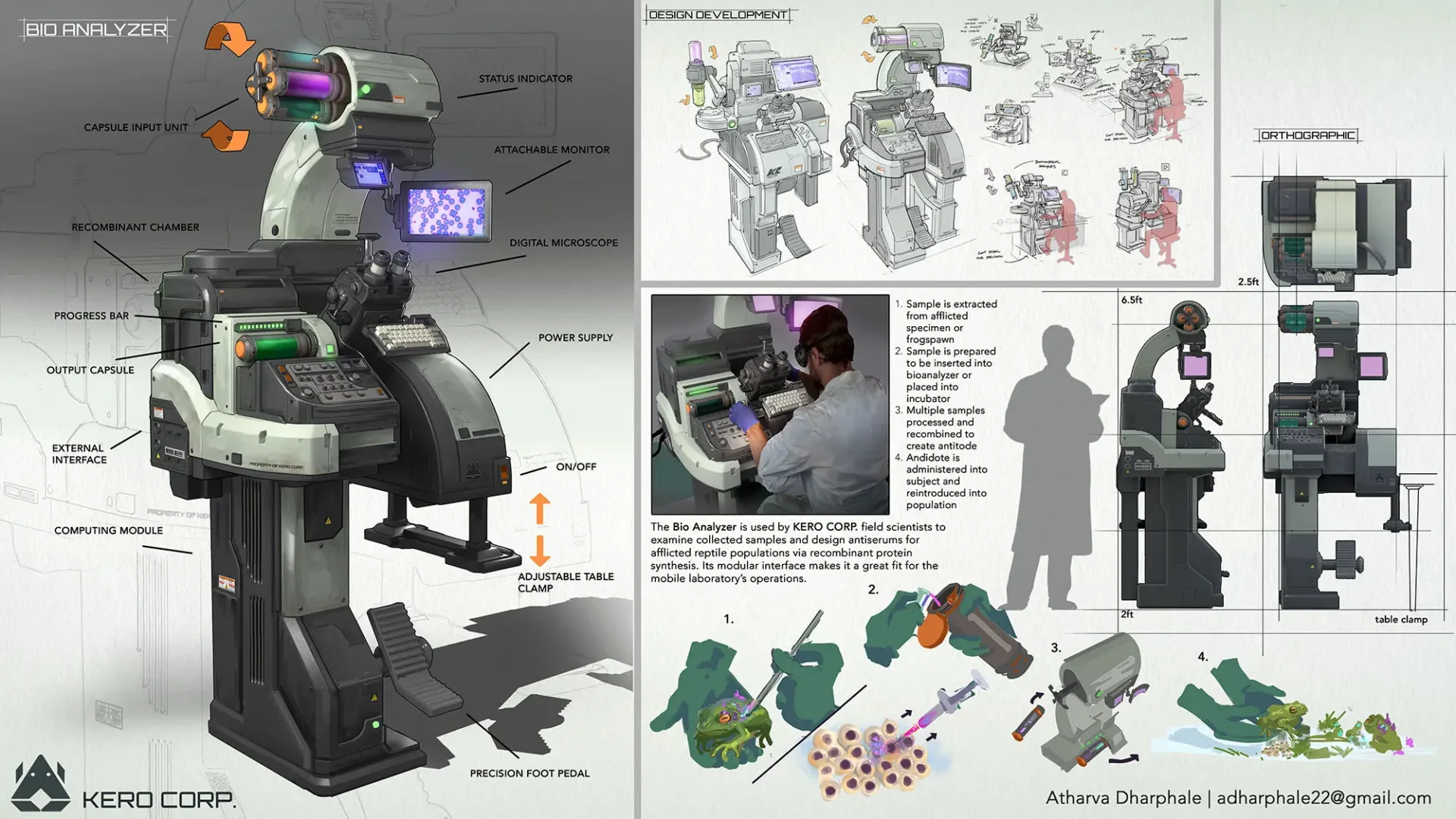 Images of a large microscope and analysis devise. Science Fiction with process shots.