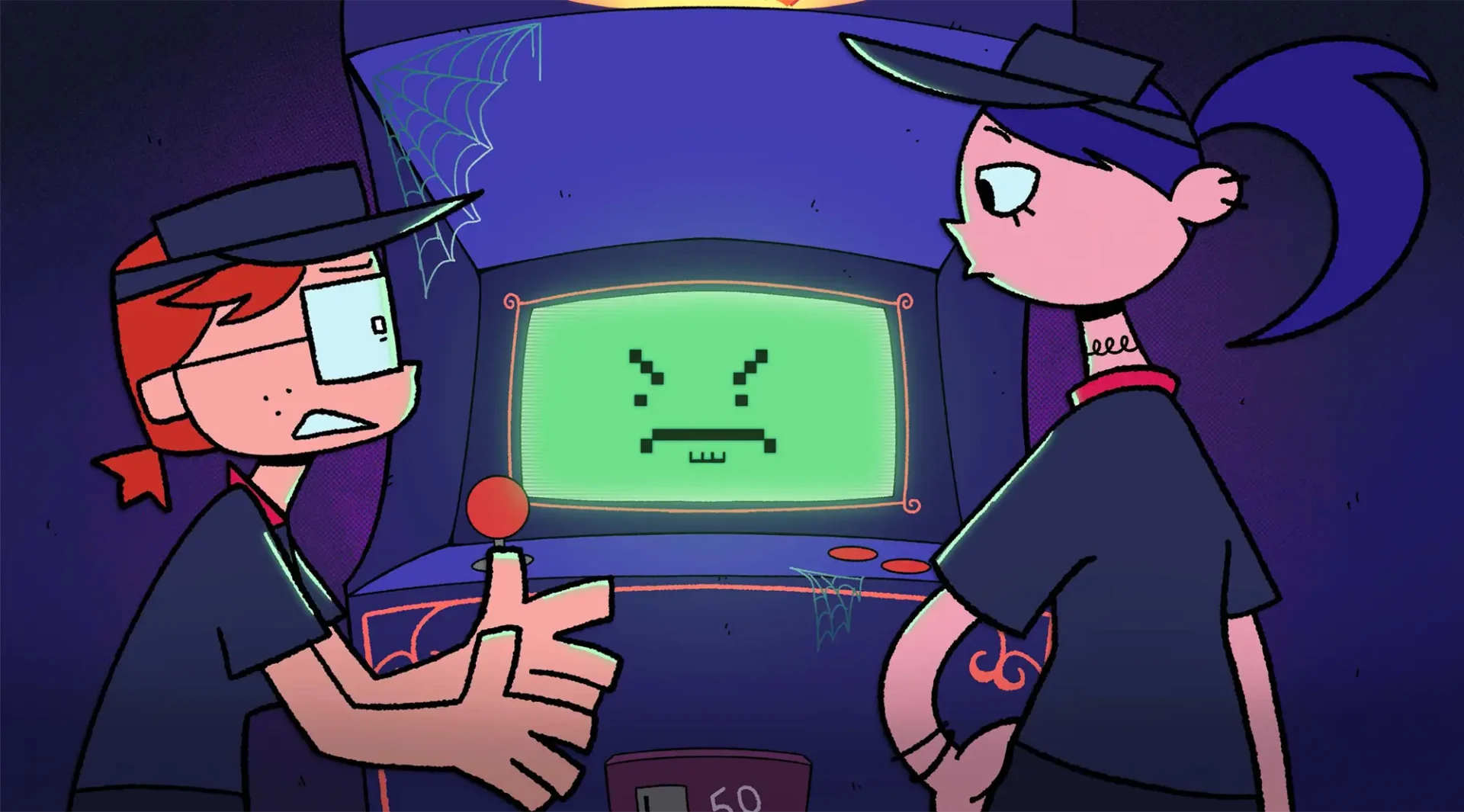 Digital Image of Two people standing in front of a Video Game cabinet.