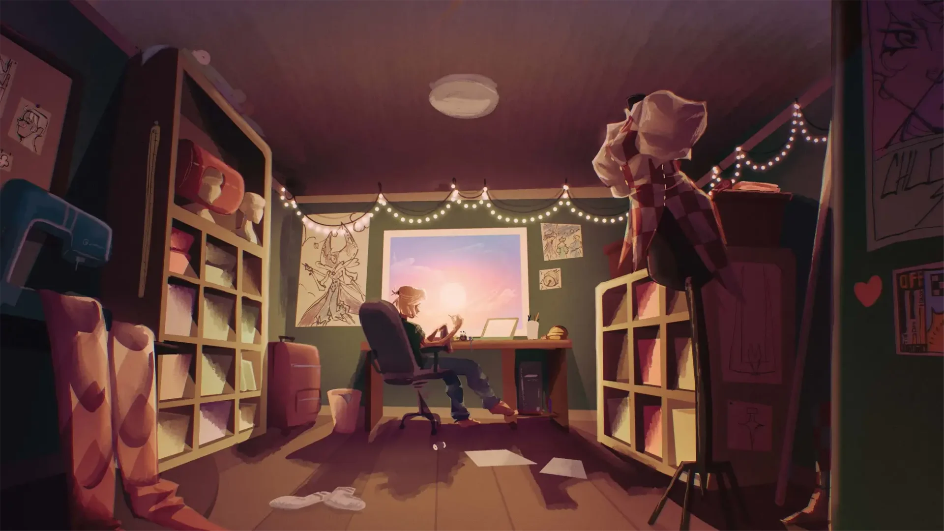 Scene of a person sitting at a desk in front of a window with a birght sun.