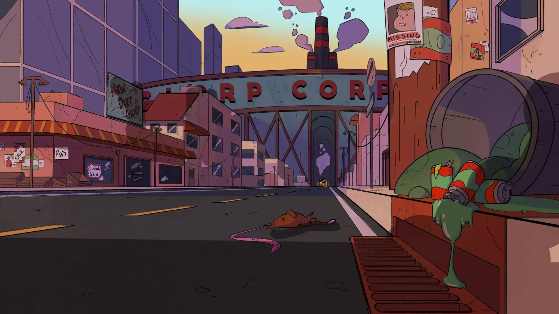 City street with some garbage in the front corner