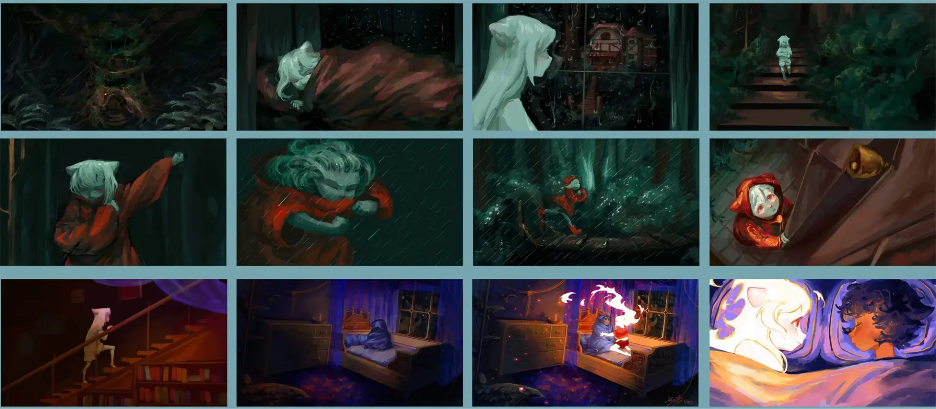 Various frames of fantasy scene storyboards