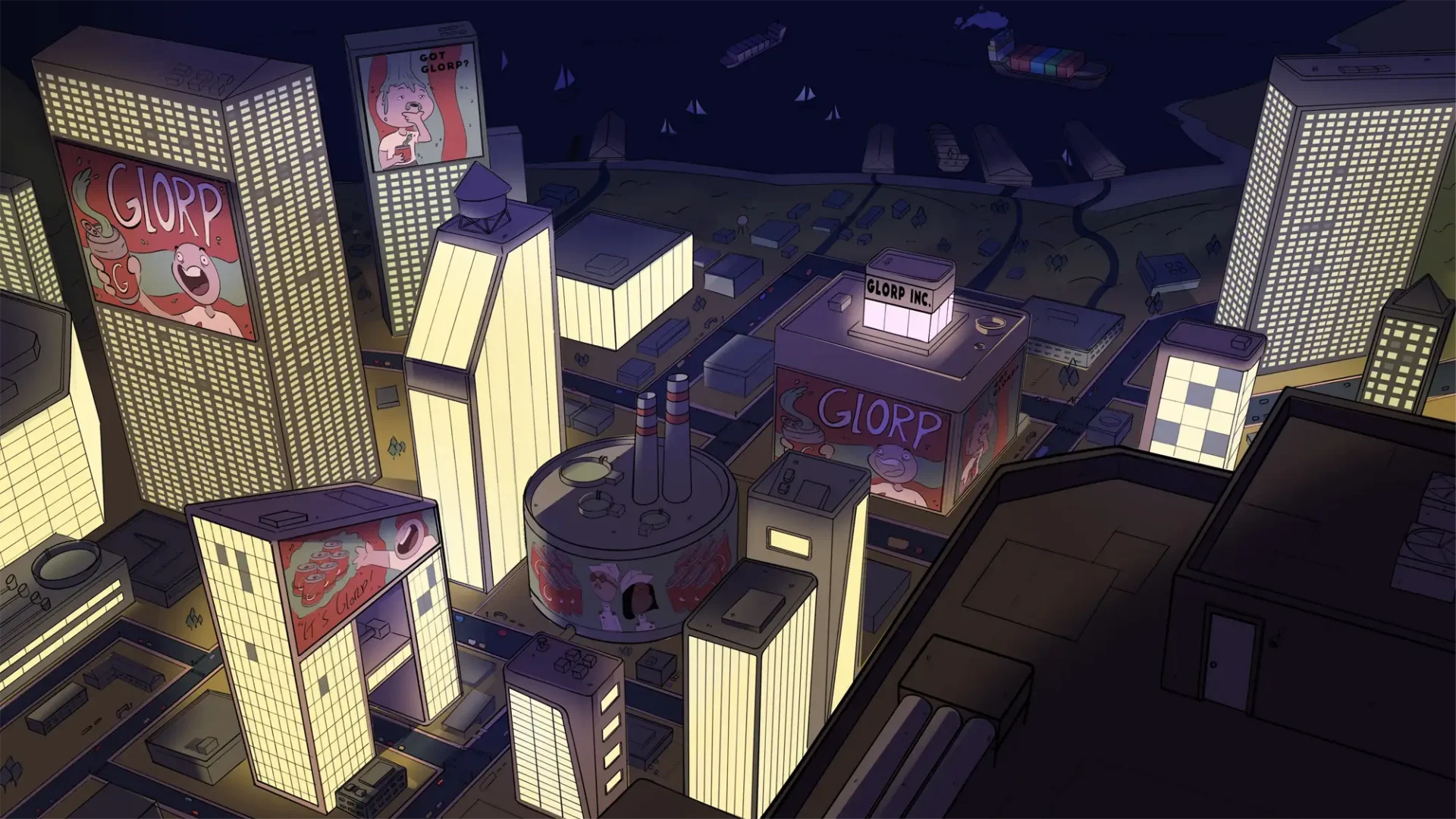 City with tall buildings at night with bright lights