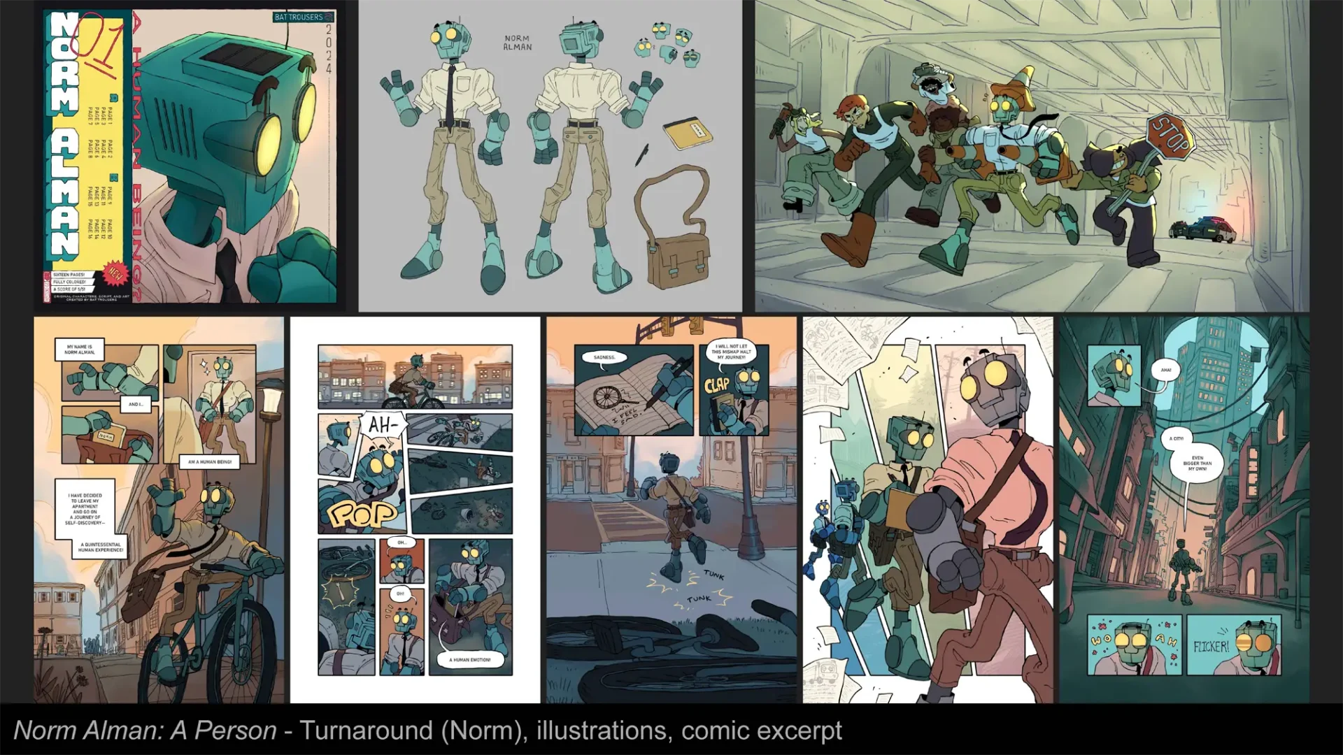 Multiple images of a Robot Man in comic book format