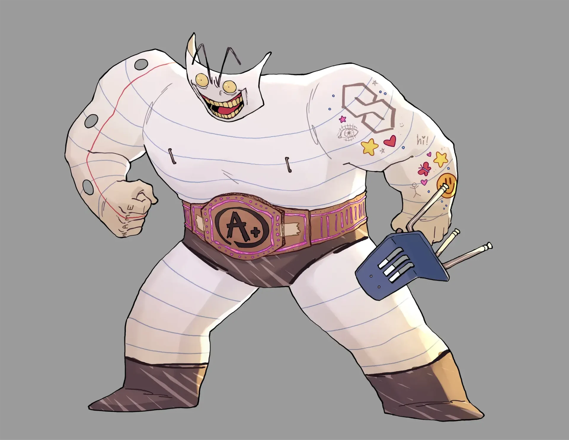 A character made of lined paper in the fashion of a wrestler