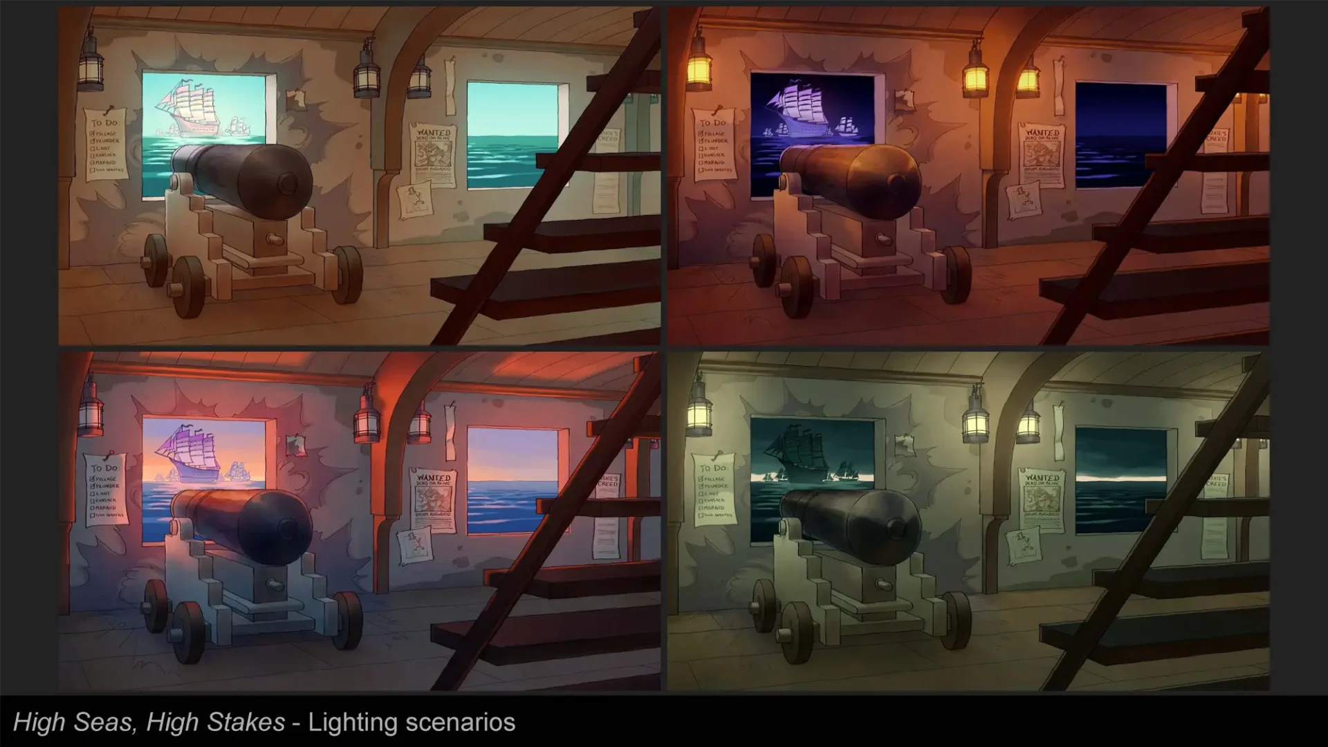 four images of a cannon pointed out of a ship window with various lighting scenarios
