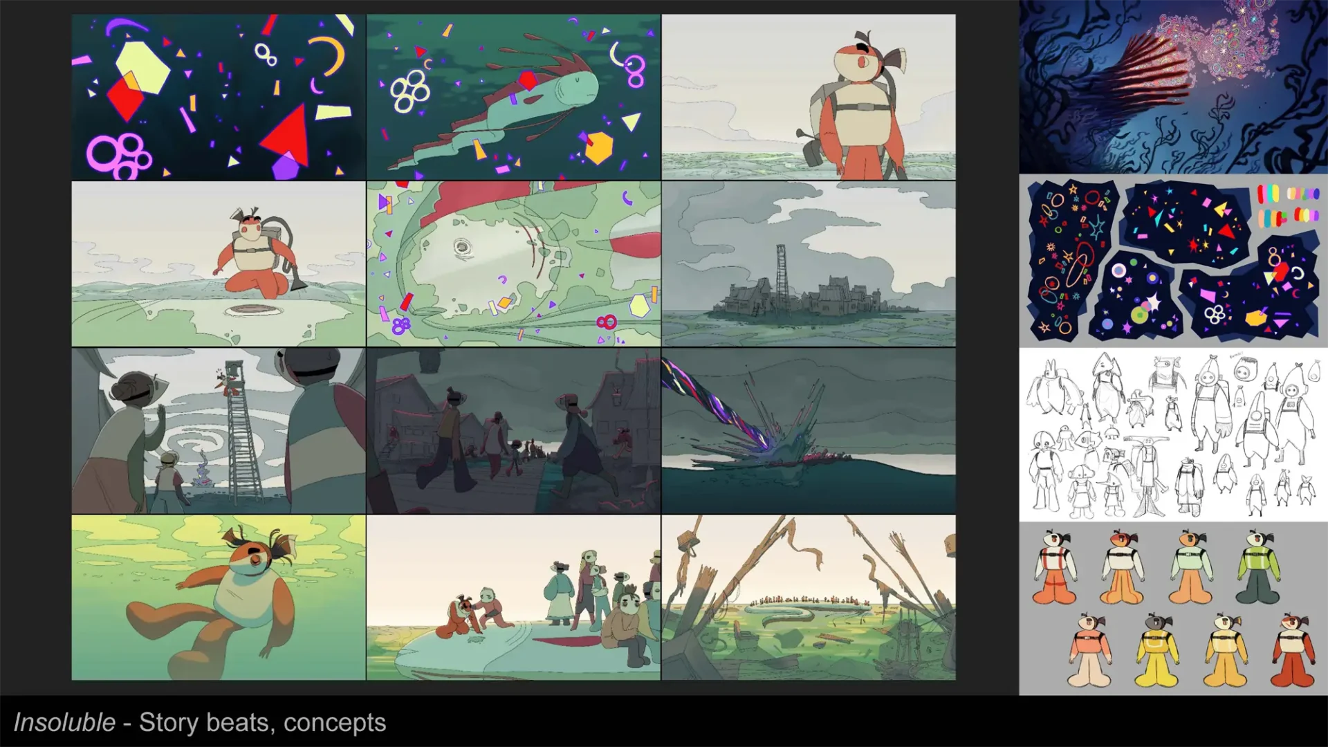 Story frames with colorful elements and polluted areas