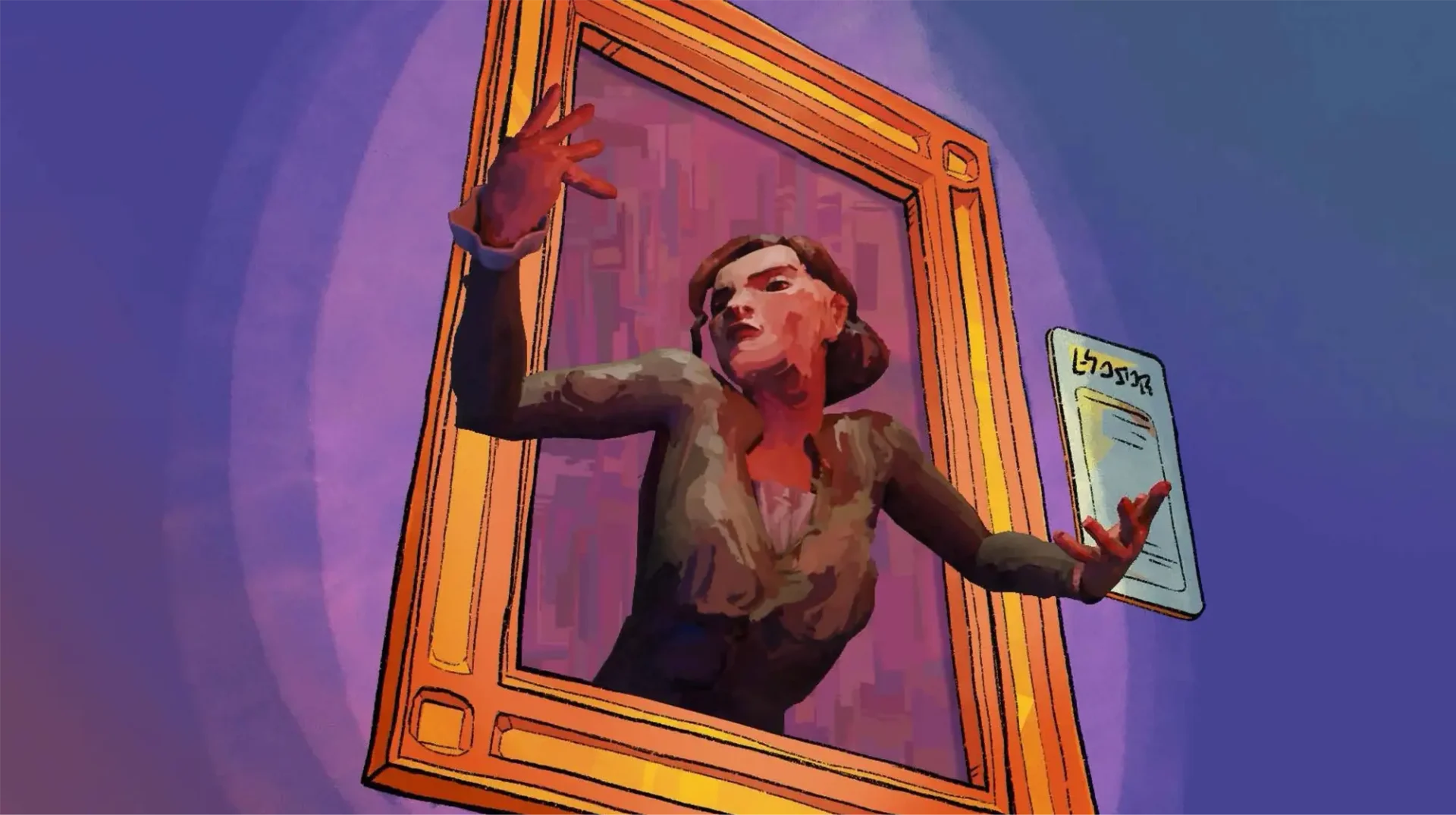 3D person coming out of a picture frame, in style of oil painting