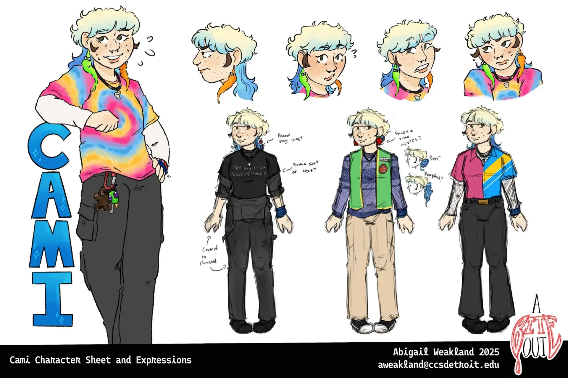 Character sheet of a person with a bright colored shirt.