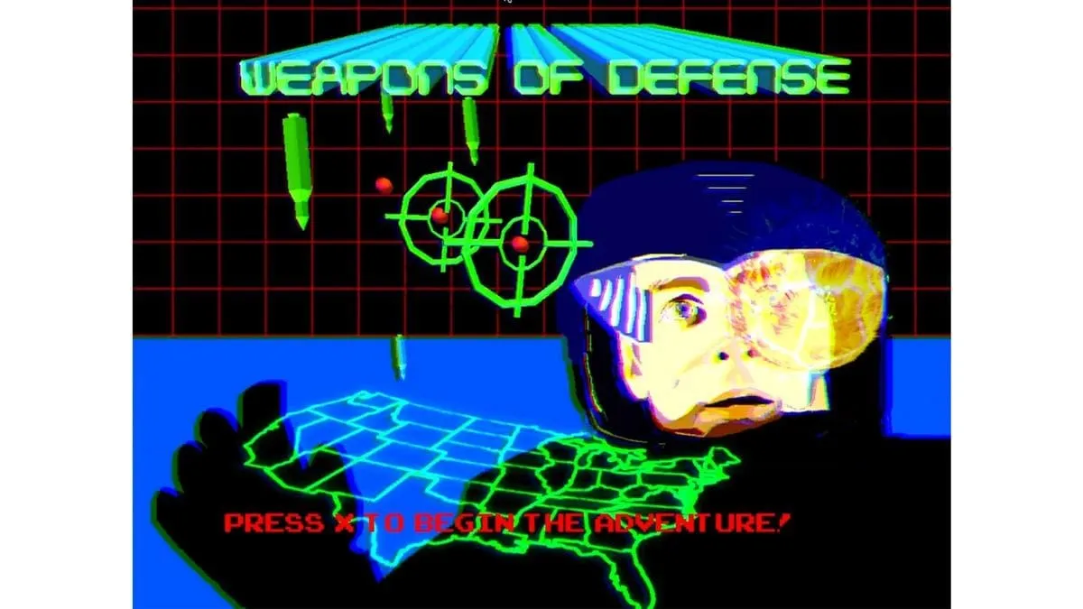 'Weapons of Defense' arcade game graphic featuring a man in a helmet with glasses, and bullets in the background